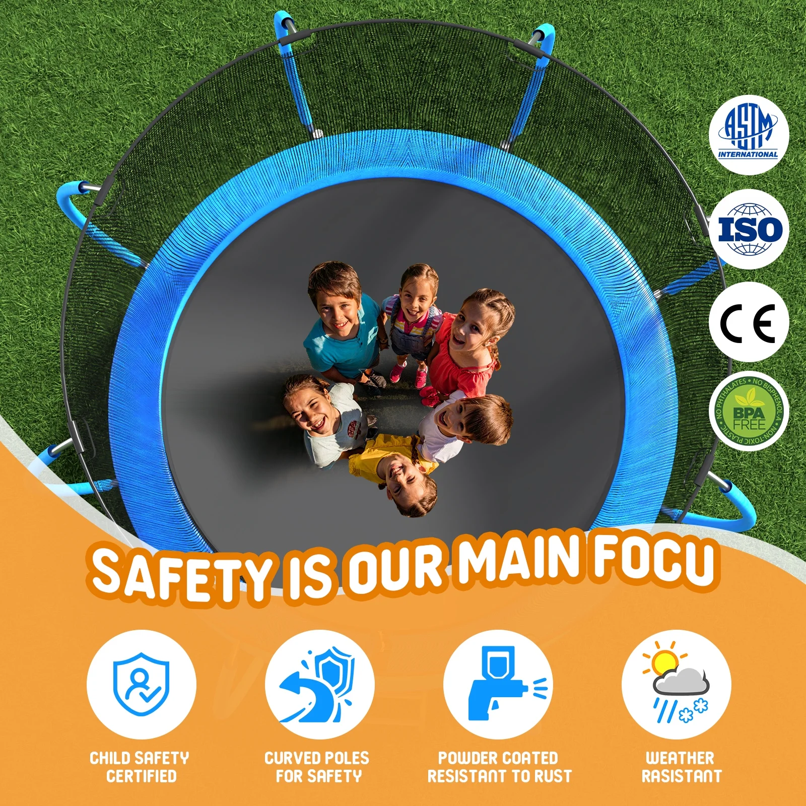 Kids Trampoline with Hoop ON SALES, Seizeen 12FT  Pumpkin Trampoline for Outdoor All-Weather Trampoline W/ Enclosure Net & Anti-collision Curved Pole, Outdoor Round Trampolines Bears 4-6 Kids, Blue