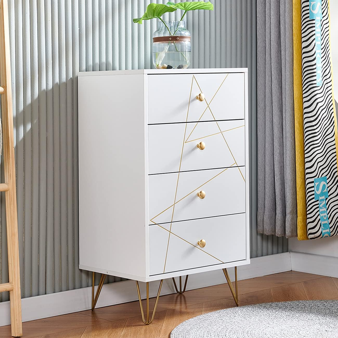 White Wood Chest of Drawer, 4 Drawer Storage Cabinet with Unique Golden Groove Front, Floor Cupboard Sideboard Organizer for Living Room Bedroom Home Furniture, Tall Dresser Chest Tower