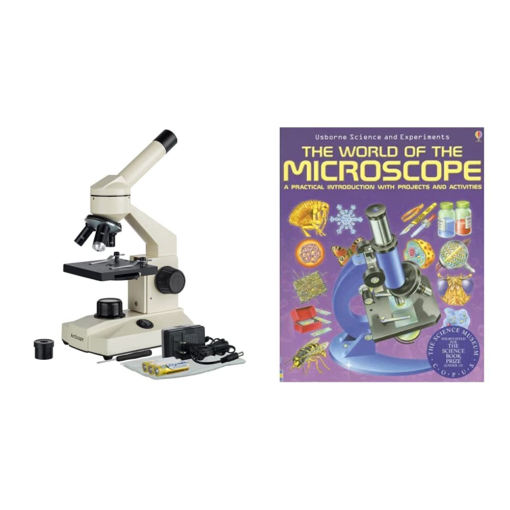 AmScope Optical Glass Lens All-Metal LED Compound Microscope, 6 Settings 40x-1000x, Portable AC or Battery Power