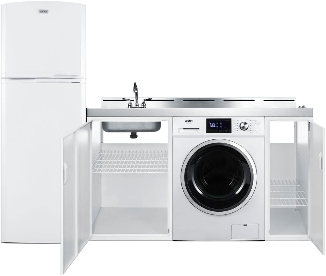 Summit Appliance ACKSPWD82 83" Wide All-In-One Kitchenette with Washer/Dryer Combo; a Full-sized Refrigerator-freezer, 2-Burner Cooktop, Non-vented 115V Washer/dryer Combo, and Sink