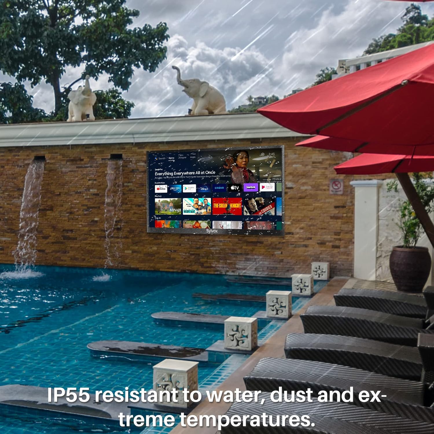 SYLVOX Outdoor TV with TV Mount, Smart Outdoor TV 55” 2000 Nits Full Sun, 4K UHD Weatherproof Outdoor Television with Voice Control Chromecast Built-in, IP55 Android TV for Outside (Pool Pro Series)