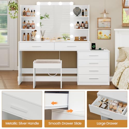 Quimoo Large Vanity Desk with LED Lighted Mirror & Power Outlet,Makeup Vanity Table with 7 Drawers,4 Shelves and 5 Hooks,Vanity Table, Vanity Desk Set for Bedroom,Bathroom,White