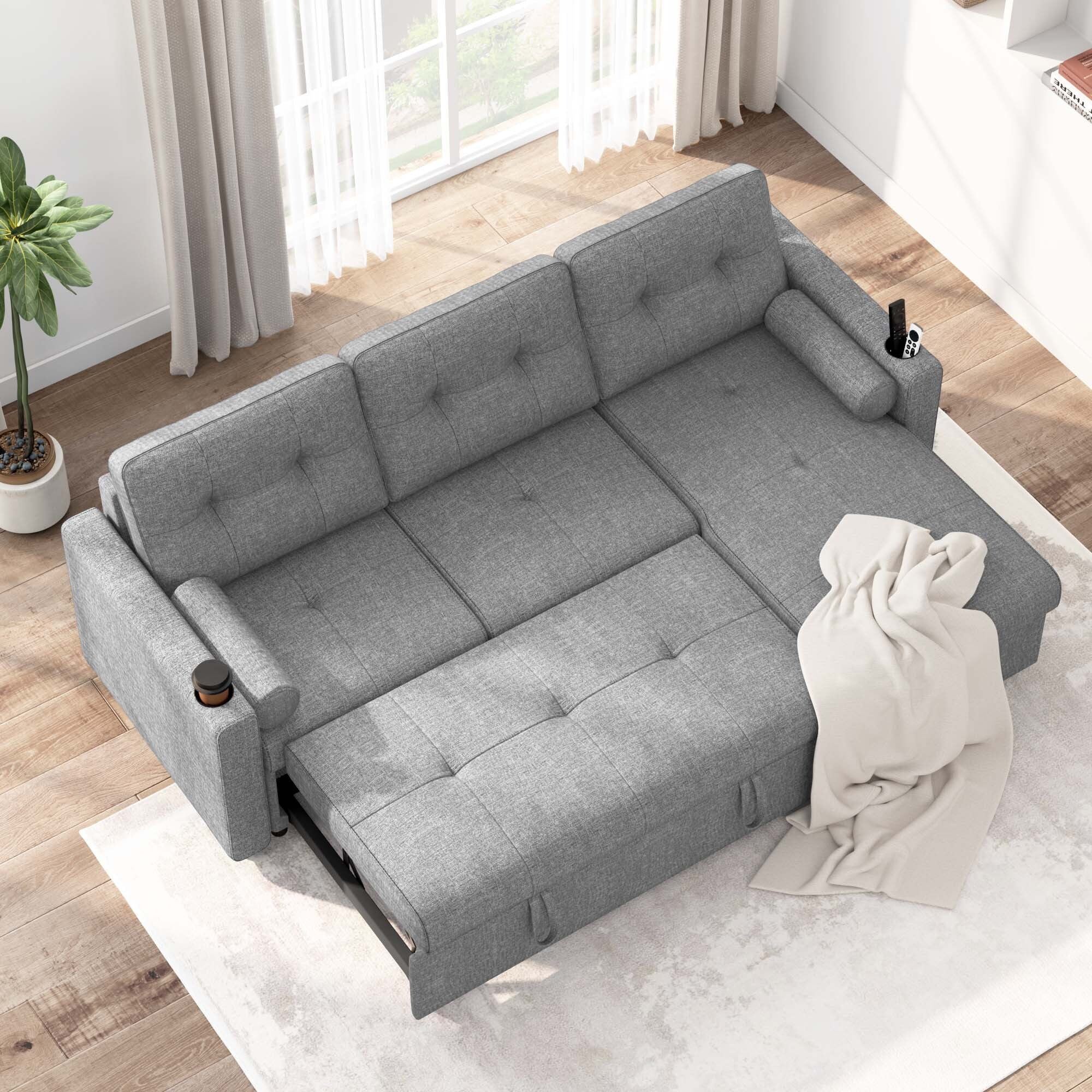 Soges Pull Out Sofa Bed L Shape Sofa with Storage Chaise, 3 Seater Sofa Bed with Cup Holders, Linen Fabric Couch for Living Room, 2 Pillows, Gray