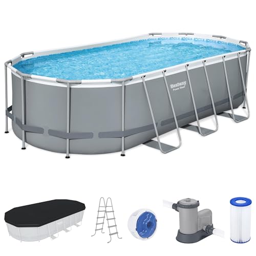 Bestway Power Steel 16' x 10' x 42" Rectangular Metal Frame Above Ground Swimming Pool Set with 1000 GPH Filter Pump, Ladder, and Pool Cover