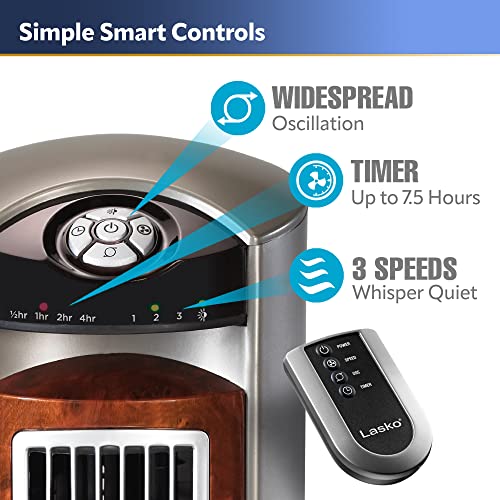 Lasko Oscillating Tower Fan, Remote Control, Timer, 4 Quiet Speeds, for Bedroom, Home Office and Kitchen, 38", White, T38400