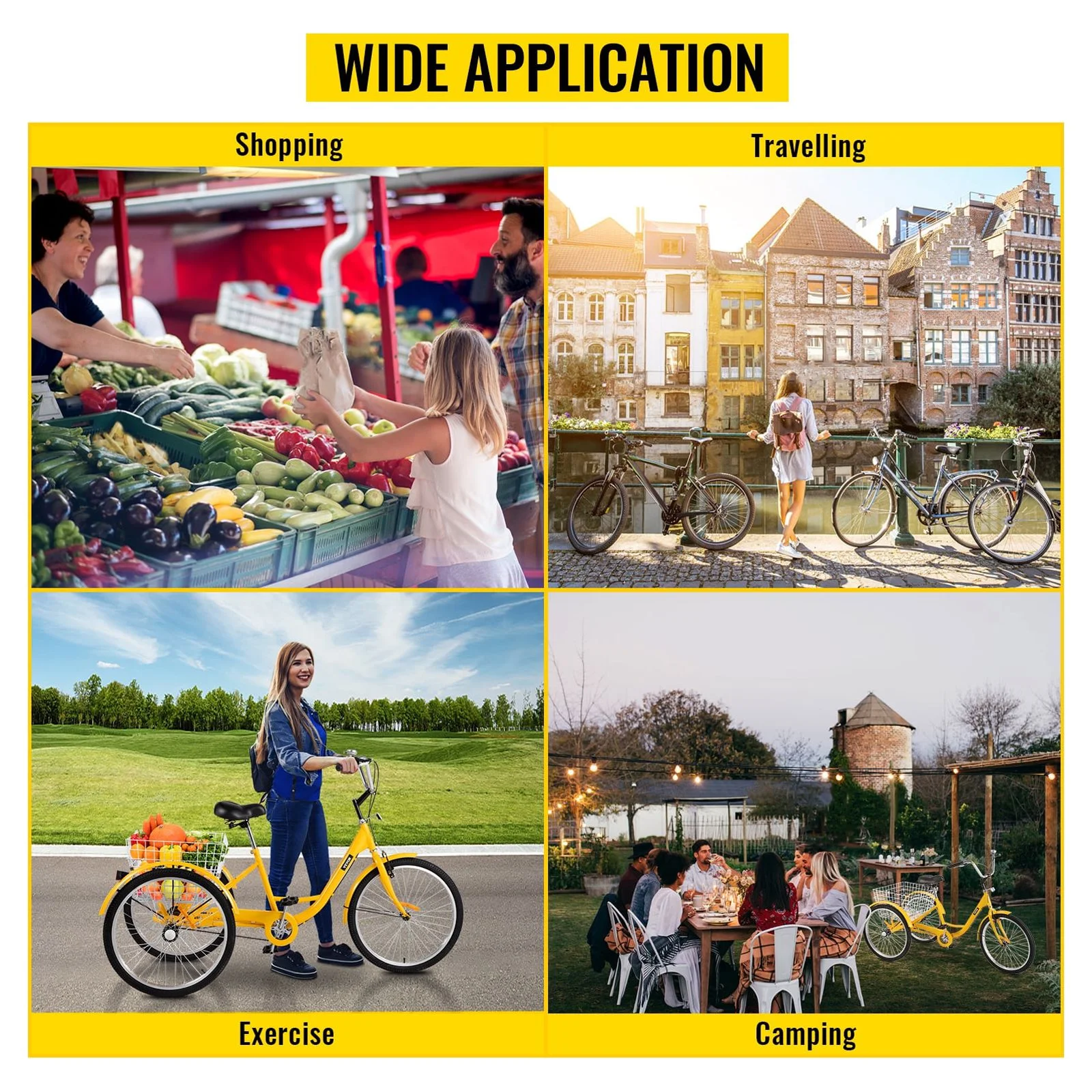 VEVOR Adult Tricycle 24 inch, 1-Speed Three Wheel Bicycles for Adult with Bell Brake System & Cargo Basket , Yellow
