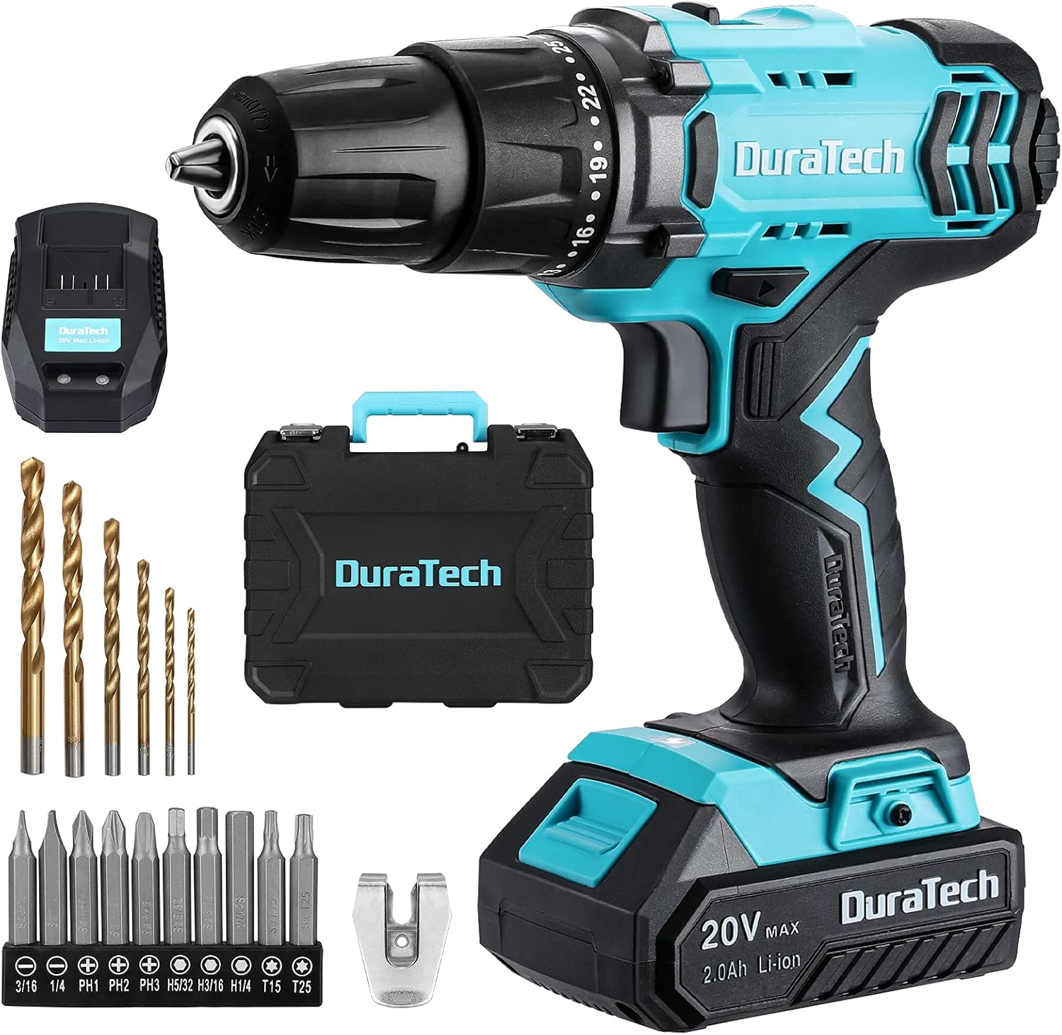 DURATECH 20V Cordless Drill, Electric Power Drill Driver Set with 1/2” Keyless Chuck, Variable Speed, 25+1 Torque Settings, 350 In-lbs Torque and 16pcs Drill Bits, Drill Tools Kit for Home Improvement Pack of 2