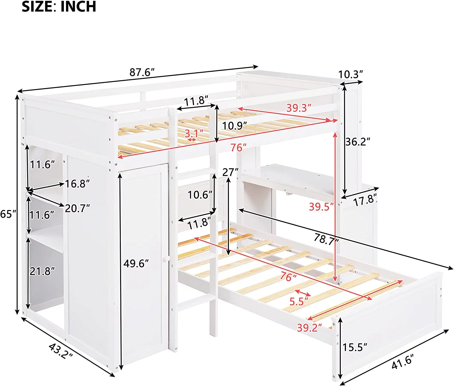 Over Bunk Beds With Desk And Drawers, Wooden Size Loft Bed Removable Wardrobe Shelves Storage Ladder Guardrails For Kids White