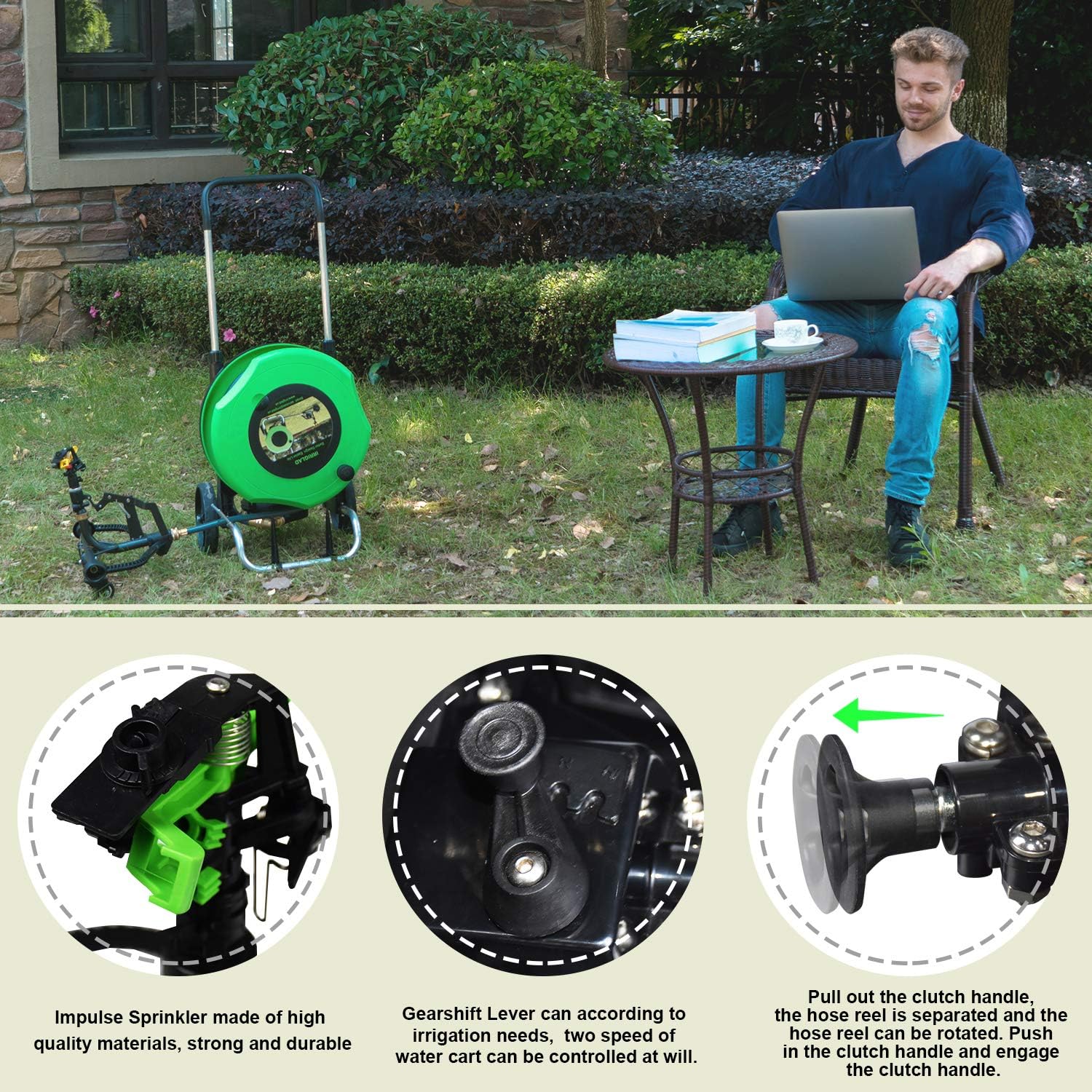 IRRIGLAD Mechanical Fully Automatic Garden Hose Reel Cart, Water Planting Truck, 66Ft Retractable Garden Hose Reel Cart and Convenient Hose Guide, For Lawn Irrigation for Gardens, Farm, Pasture