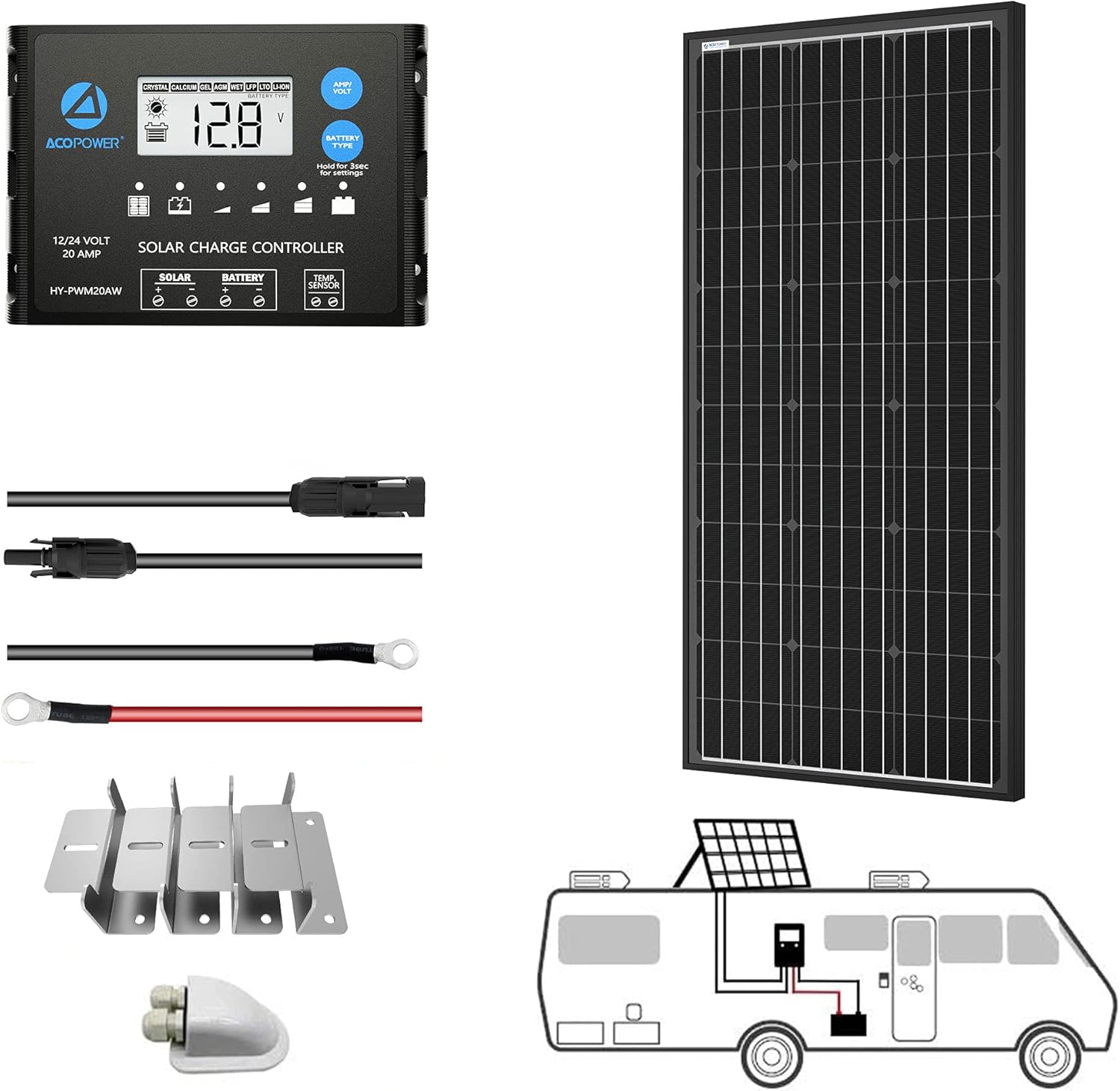 ACOPOWER 100 Watt Solar Panel Kit High Efficiency Monocrystalline 1*100W Solar Panels with 20A PWM LCD Charge Controller/Mounting Brackets/Y Connectors/Solar Cables/Cable Entry housing （100W Kit）