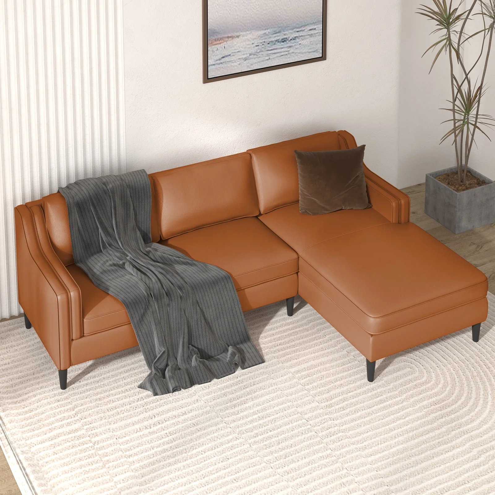 ijuicy Leather Sectional Sofa, Luxurious Leather Upholstered Couches with Right Facing Chaise, 3-Seater Sofa Set with Modular Chaise Lounge for Living Room Apartment Office - Cognac