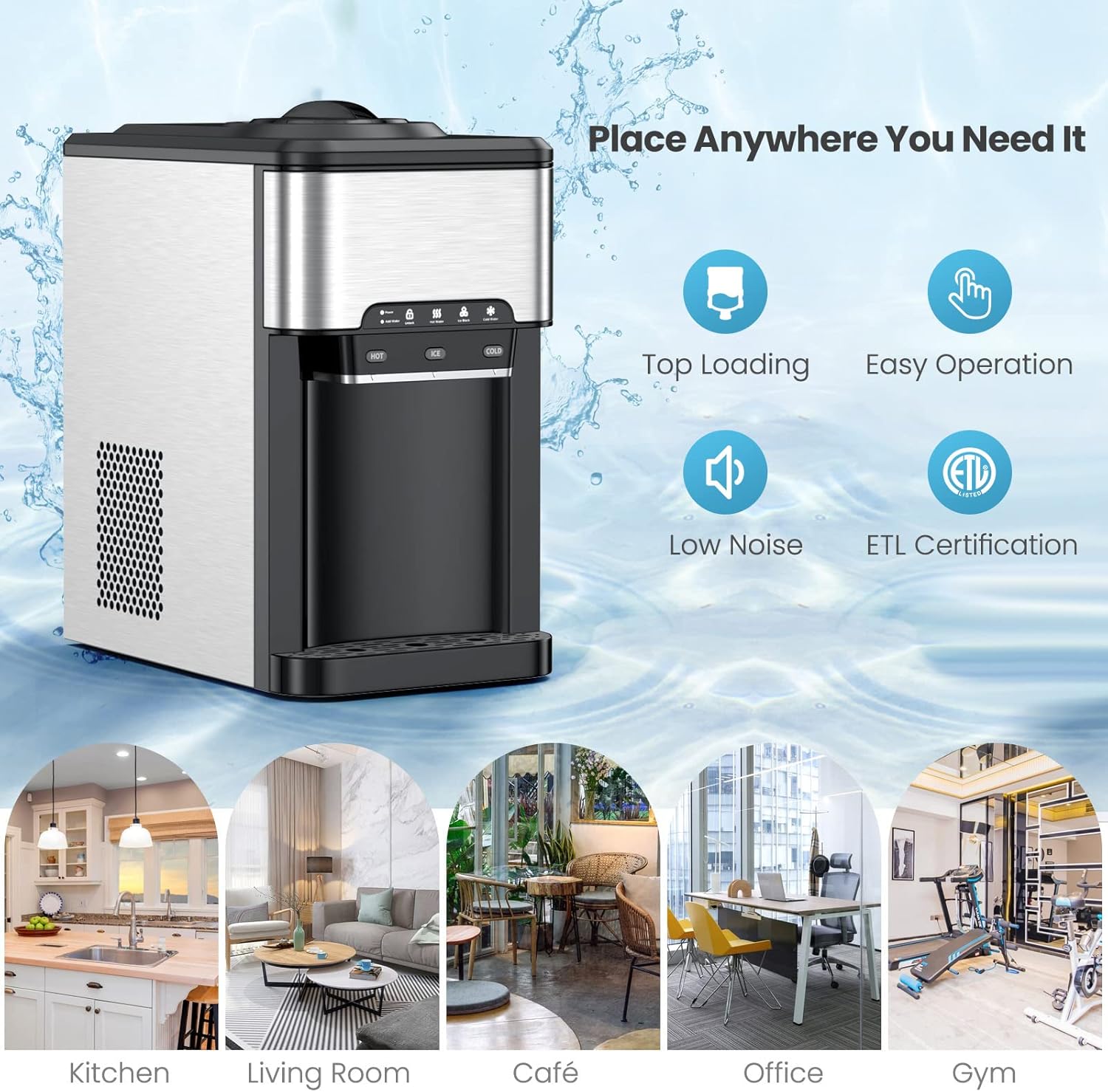 PETSITE Countertop Water Cooler Dispenser with Ice Maker, 3 in 1 Top-Loading Hot & Cold Water Dispenser 5 Gallon, 48 LBS Daily-Ice, Portable Ice Cube Makers Machine for Home Kitchen Office Bar