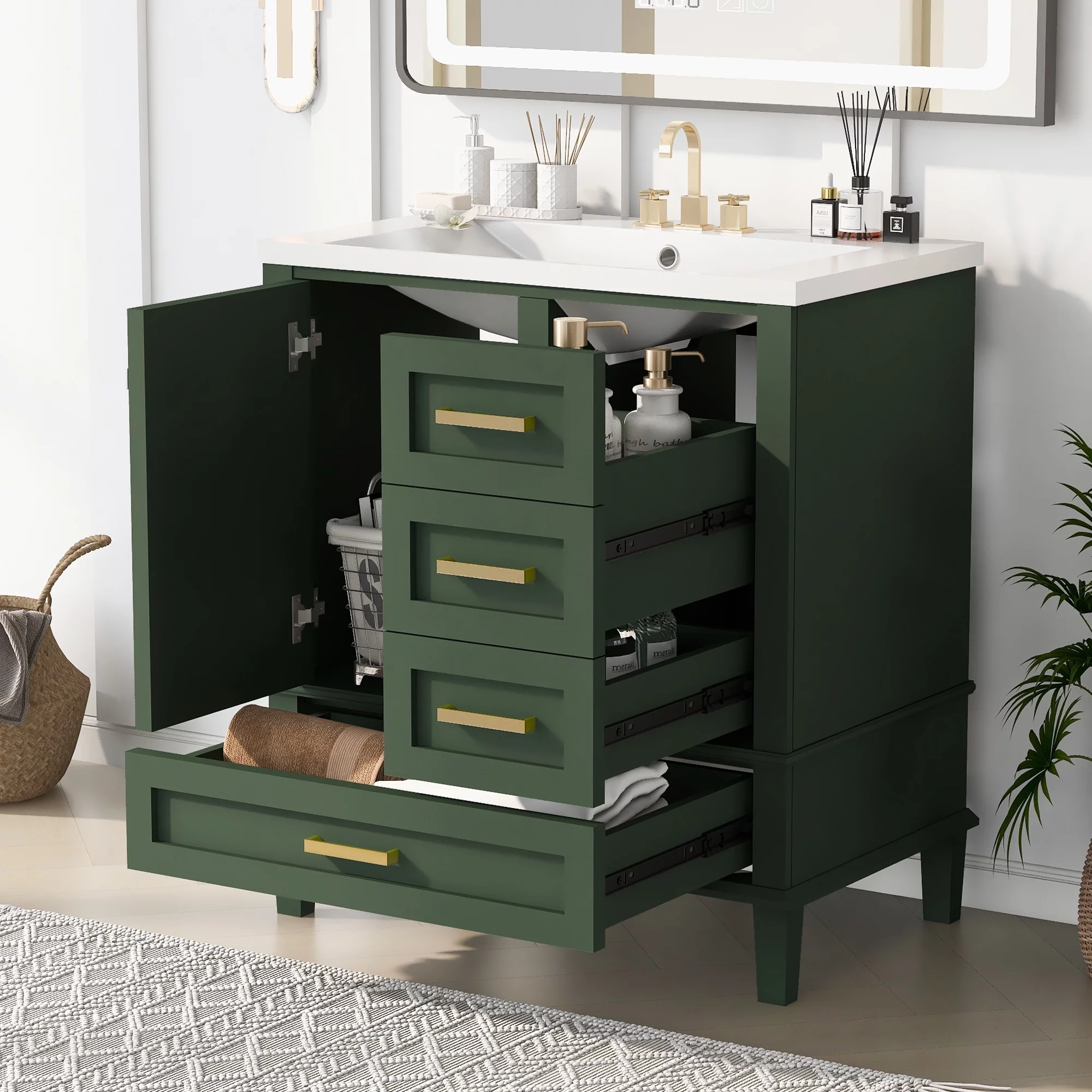 EUROCO 30" Modern Bathroom Vanity Cabinet Solid Wood with Top Basin,Bathroom Storage Cabinet with Soft Closing Door and 3 Drawers,Green
