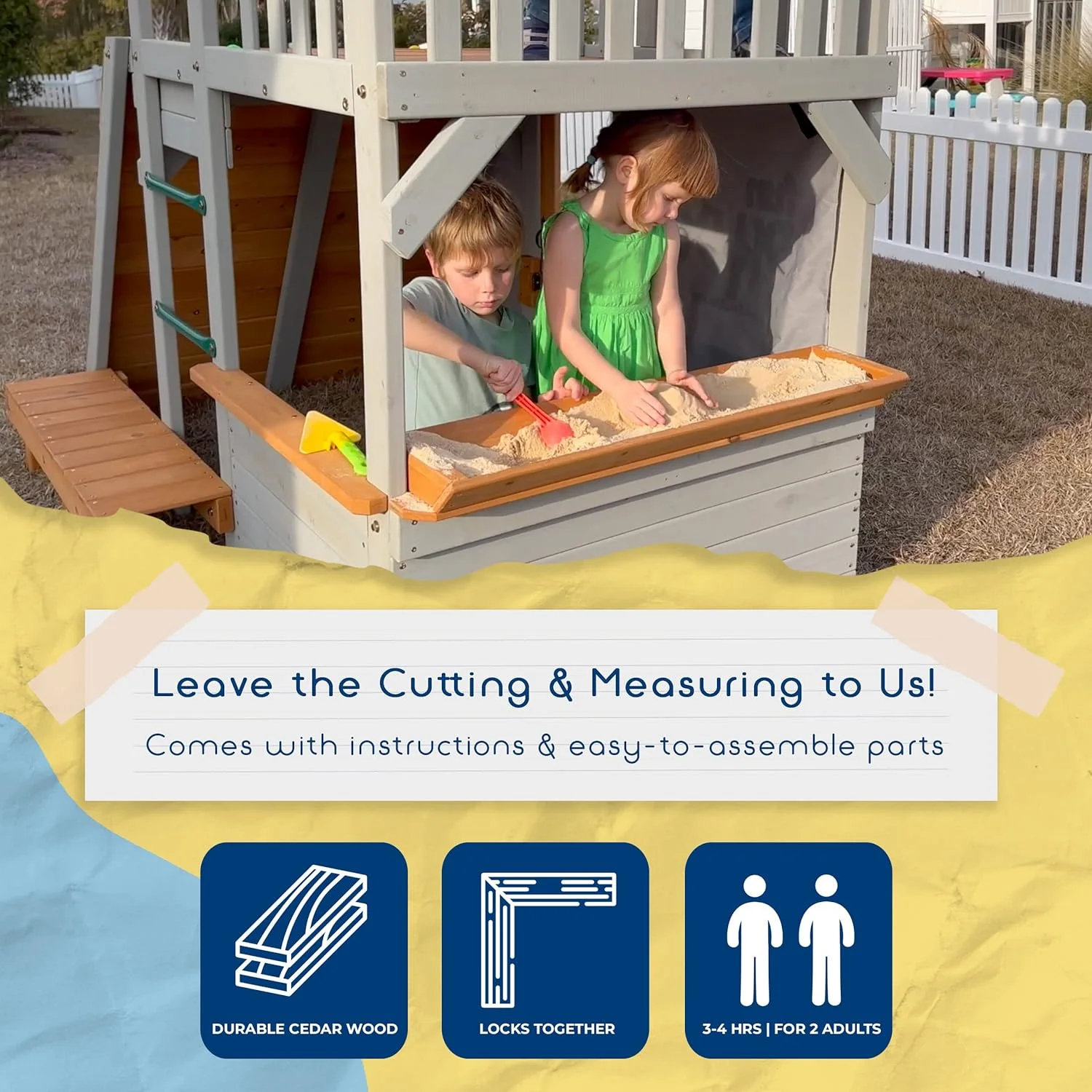 Large Playhouse for Kids Outdoor - Funphix Wooden Playhouse with Sandbox, Bench, Play Telescope, Ladder, Climbing Ramp & Doors - Durable 2 Levels Lookout Post Outdoor Playset for Backyard