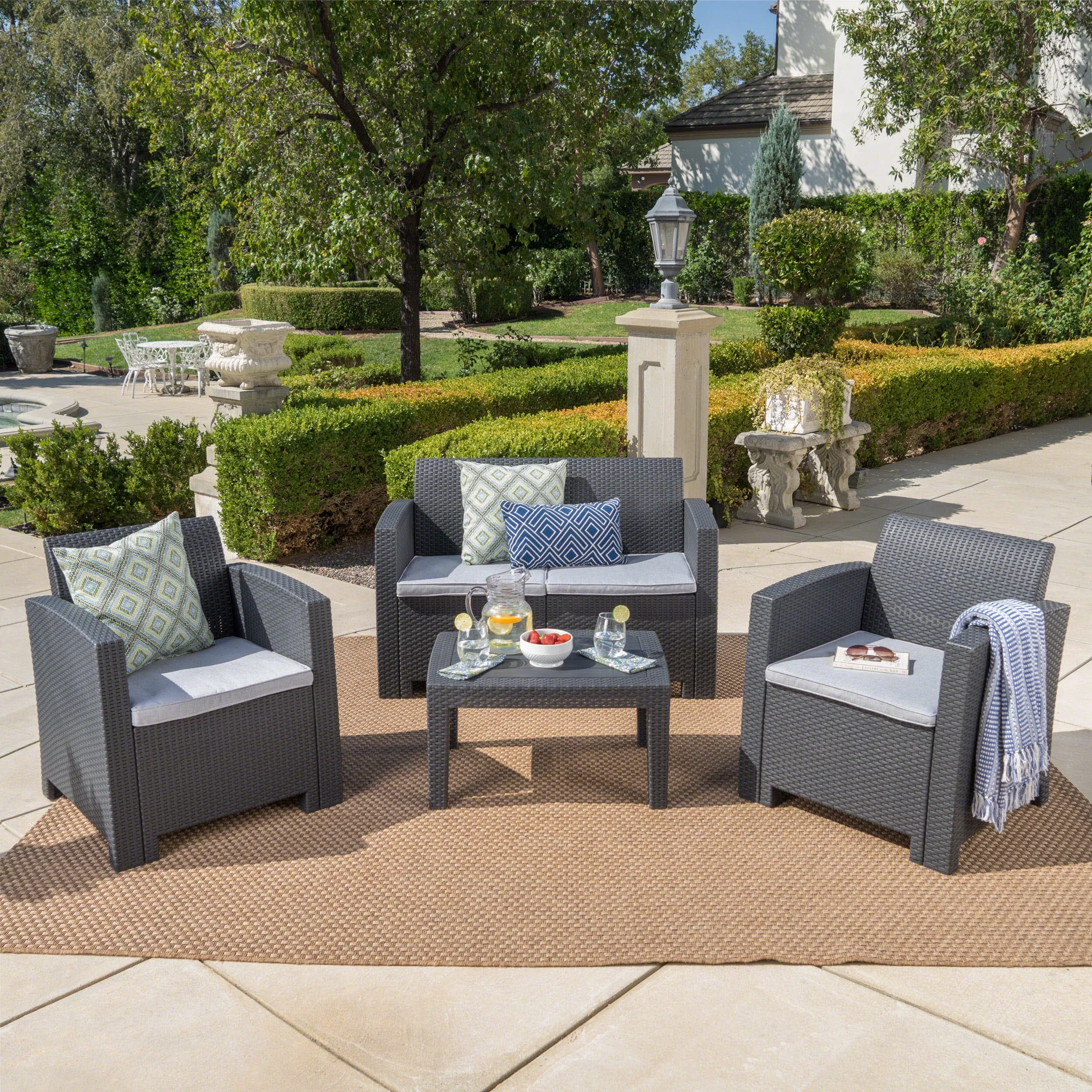 Outdoor 4 Piece Faux Wicker Rattan Style Chat Set with Cushions, Charcoal Light Grey - Curated Treasures Market