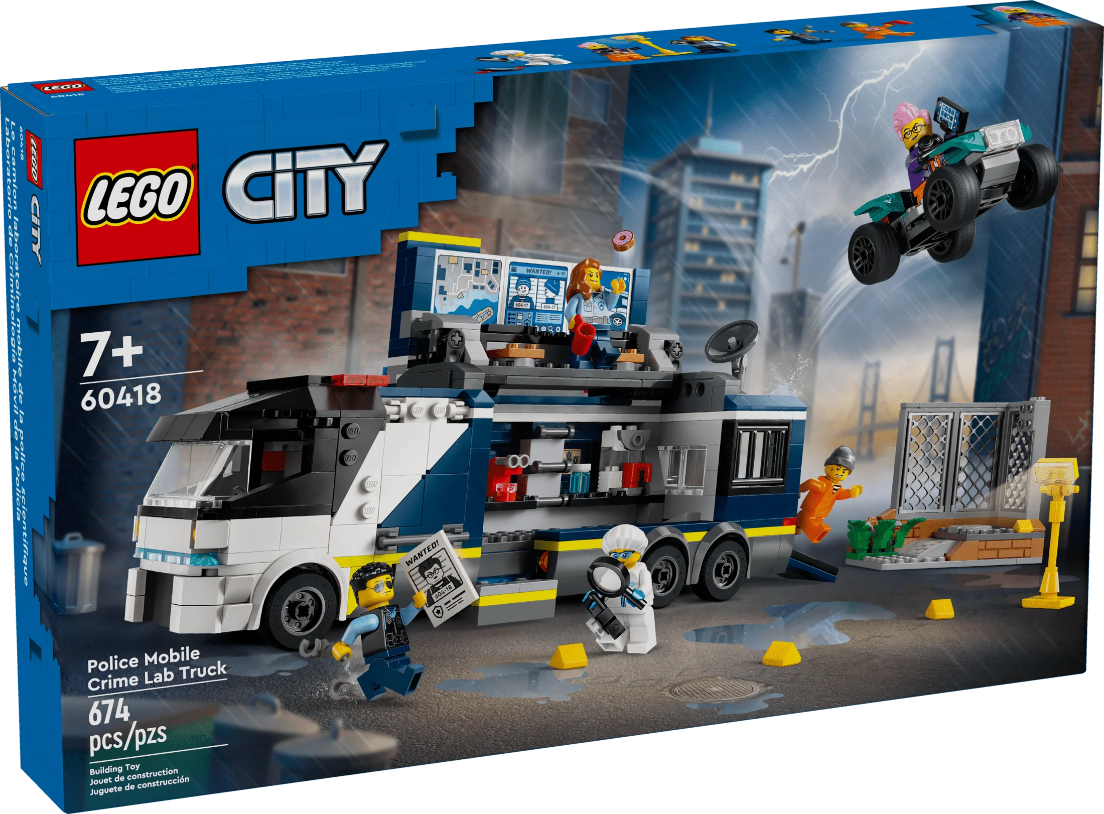 LEGO City Police Mobile Crime Lab Truck Toy, Pretend Play Police Toy, Includes Quad Bike, 2 Officers, 1 Scientist and 2 Crook Minifigures, Police Truck Toy for Kids Ages 7 Plus, 60418