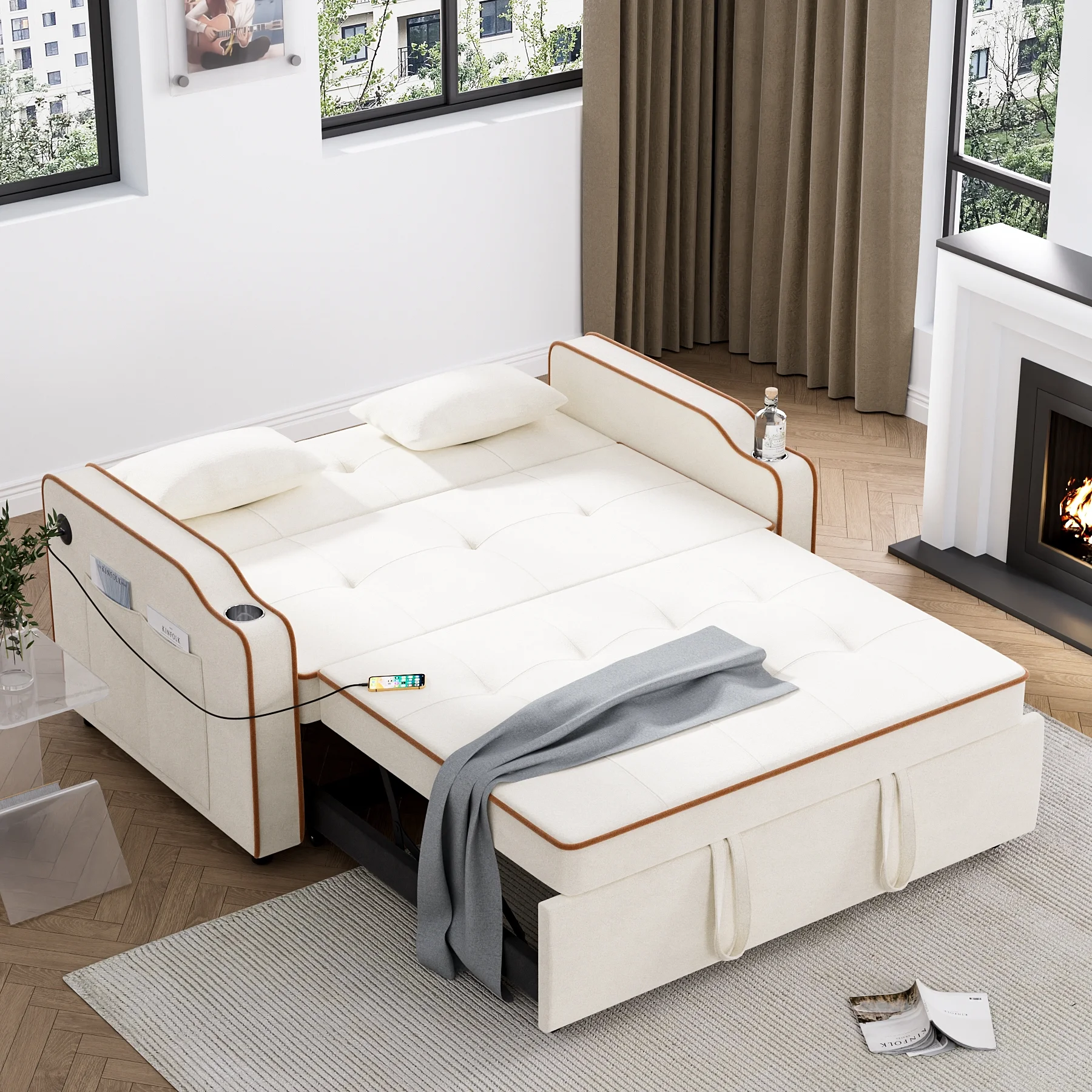 Rophefx 3 in 1 Convertible Sleeper Sofa Couch with Pullout Bed, Sherpa Loveseat Sofa with Storage and Pillows, Modern 2 Seater Futon Couch Bed for RV, Living Room, Bedroom and Small Space