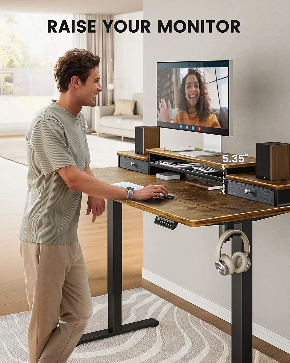 48x24 Inches Adjustable Height Electric Standing Desk with Double Drawers and Storage Shelf Stand Up Desk Computer Desk for Home Office