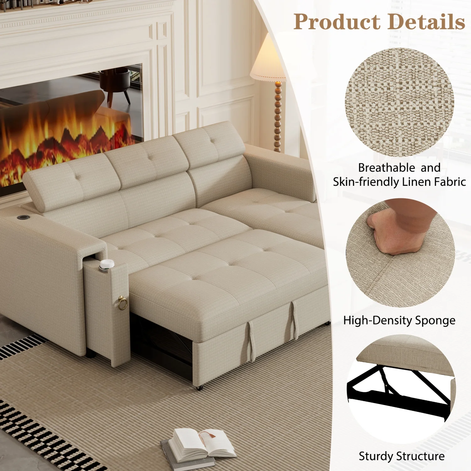 Churanty Pull Out Couch Bed with Storage and Cup Holder Sectional Sleeper Sofa with Wireless Charging L Shaped Couch with Adjustable Headrest Convertible Sofa Bed for Living Room,Beige - Curated Treasures Market