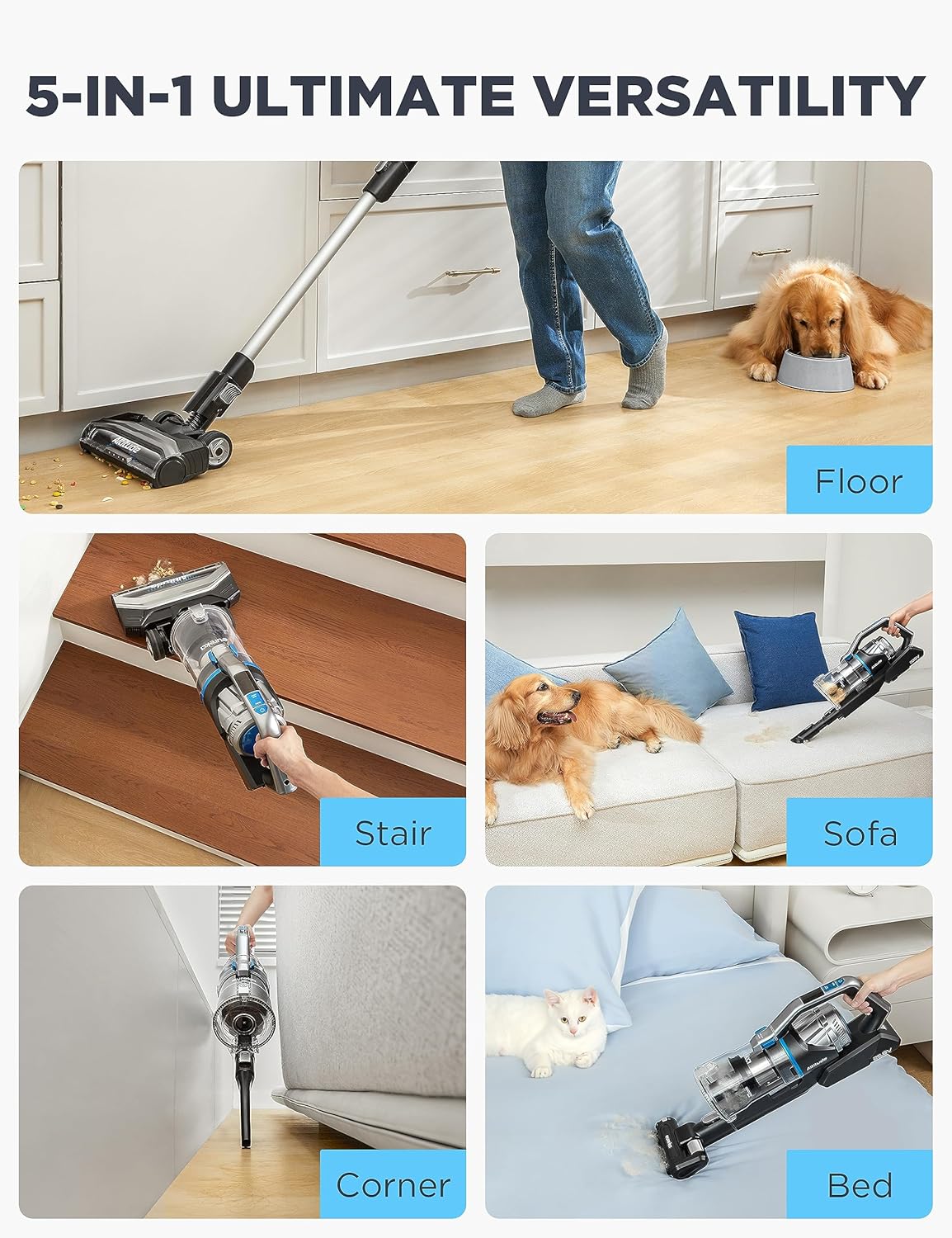 Eureka Cordless Vacuum Cleaner, Stick Vacuum for Home Pet Hair Carpet Hardfloor, Powerful Suction, Dual LED Headlights, 180° Flexible Brush Head, 60 Mins Runtime, Black