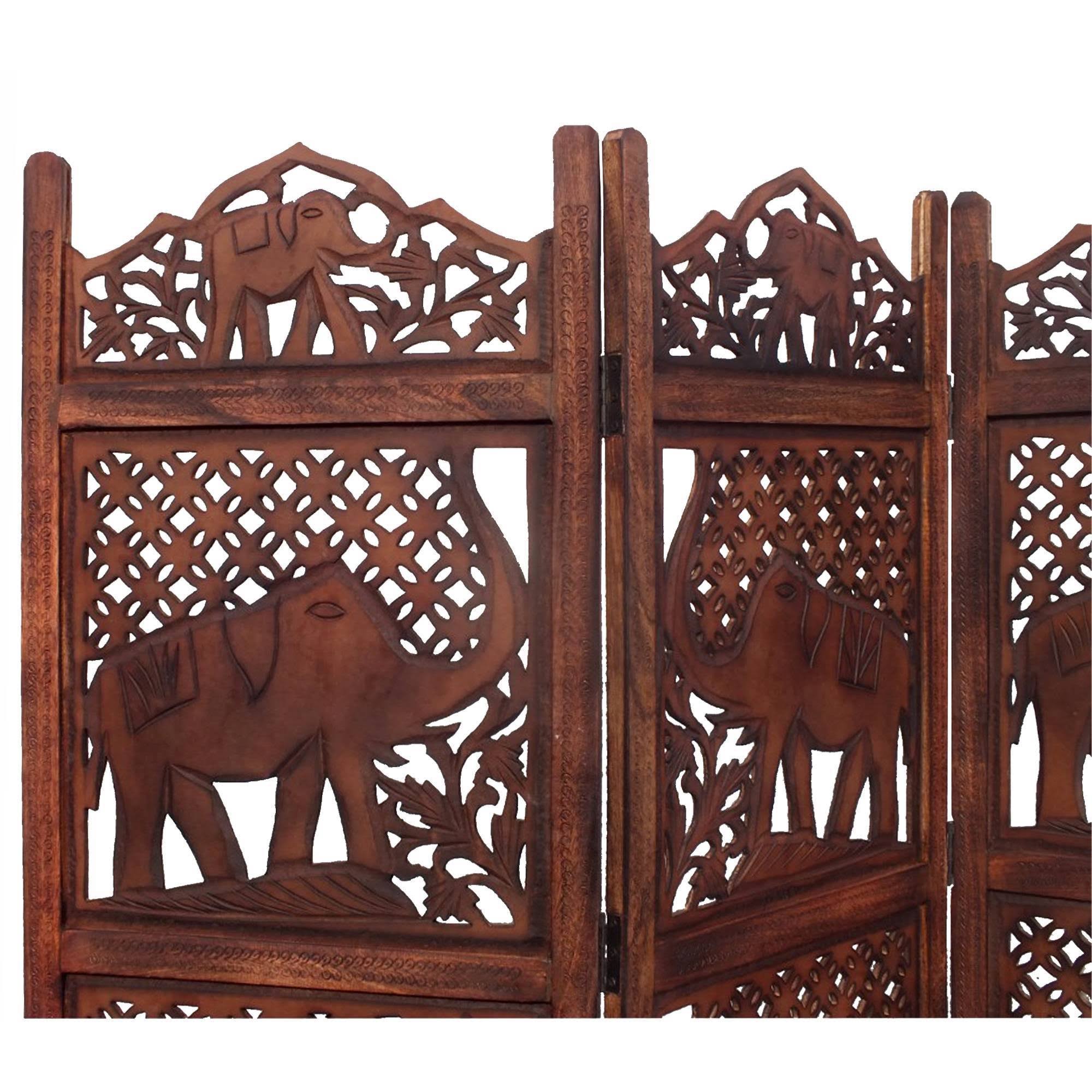 Benzara Hand Carved Elephant Design Foldable 4 Panel Wooden Room Divider, Brown