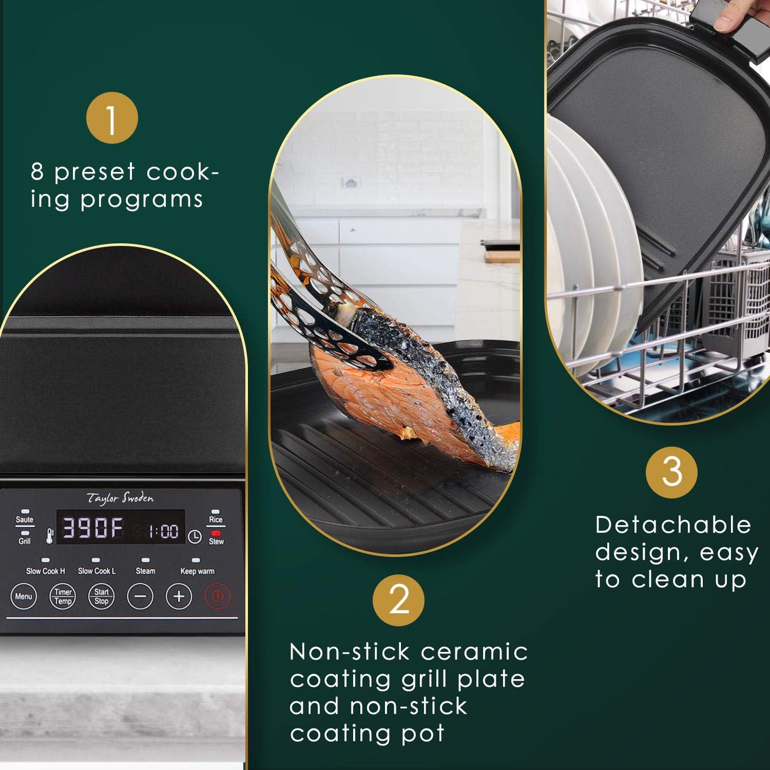 Programmable Slow Cooker with Countdown Timer, 6 L 6.3 Quart Multi-cooker with Steamer Tray, Grill Plate, Cooker pot 8-in-1 Preset Modes, Taylor Swoden
