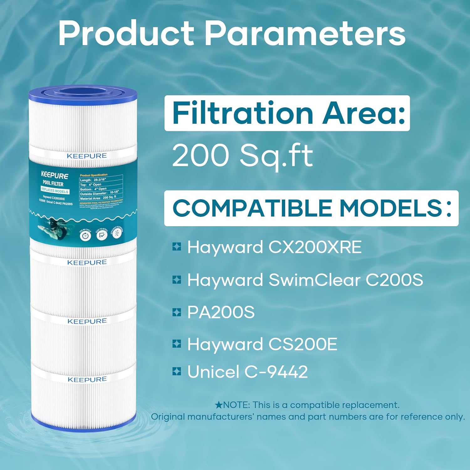 C200S Pool Filter Cartridge Compatible with CS200E, CX200XRE, C-9442, PA200S Pool Filter Cartridge, 200 sq.ft, 1 Pack