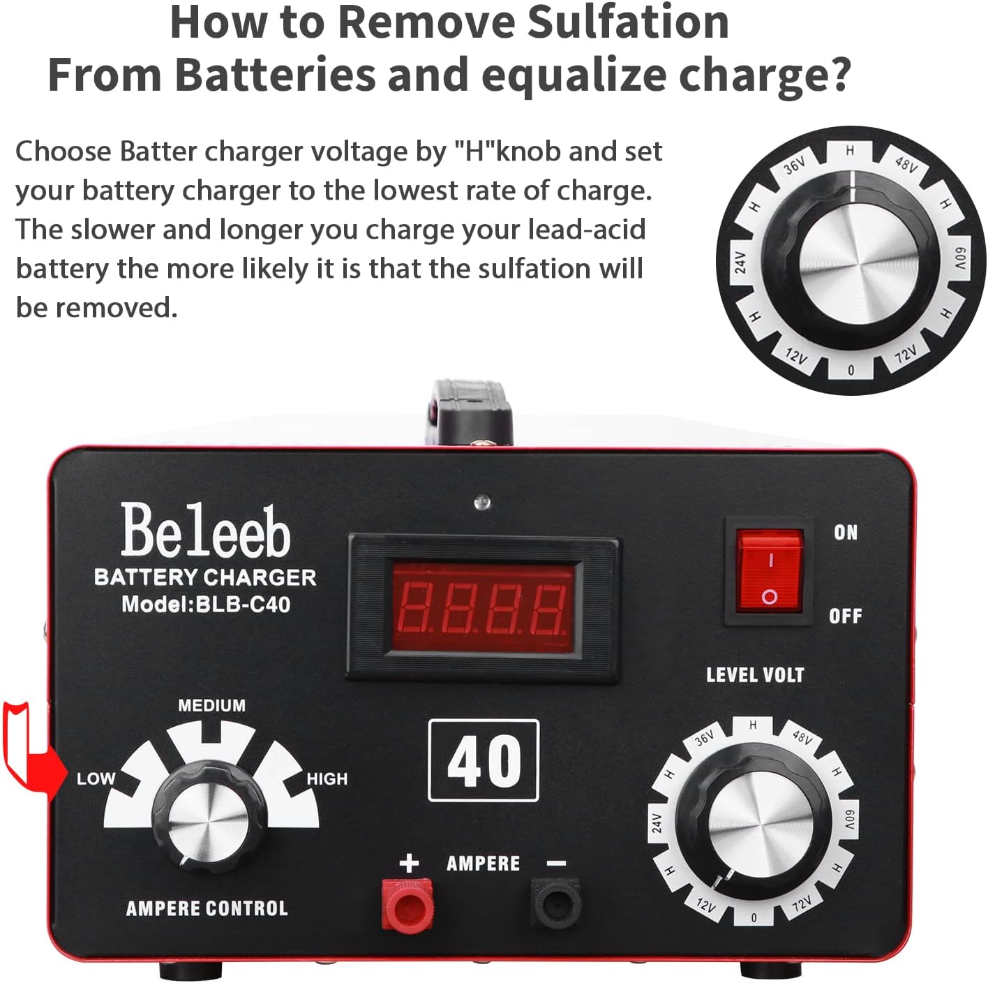 Beleeb C40 Adjustable Battery Charger 12V 24V 36V 48V 60V 72V, Pulses of High-Voltage Battery Desulfator Maintainer with Smart Chip for Lead-Acid Lithium-ion Batteries