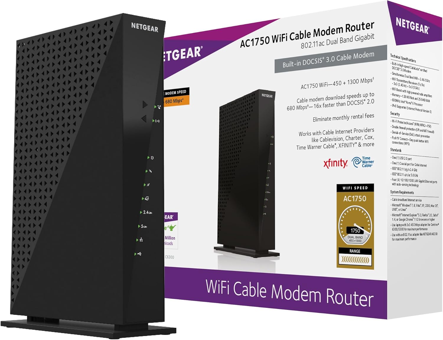 NETGEAR Nighthawk Cable Modem WiFi Router Combo C7000-Compatible with Cable Providers Including Xfinity by Comcast, Spectrum, Cox for Cable Plans Up to 800Mbps | AC1900 WiFi Speed | DOCSIS 3.0