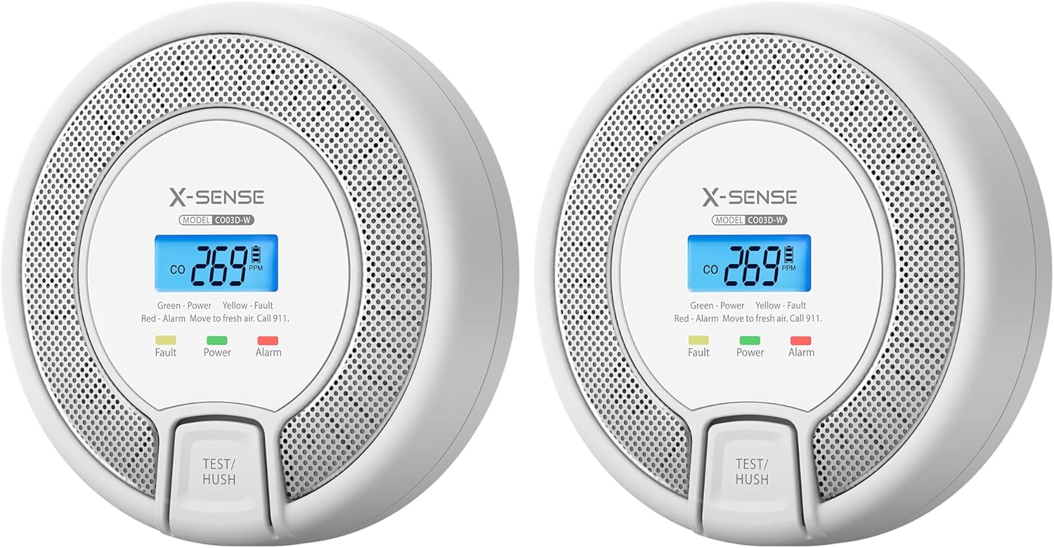X-Sense Wireless Interconnected Carbon Monoxide Detector, Replaceable Battery-Powered CO Alarm with Digital Display, Auto-Check, CO03D-W, Pack of 2