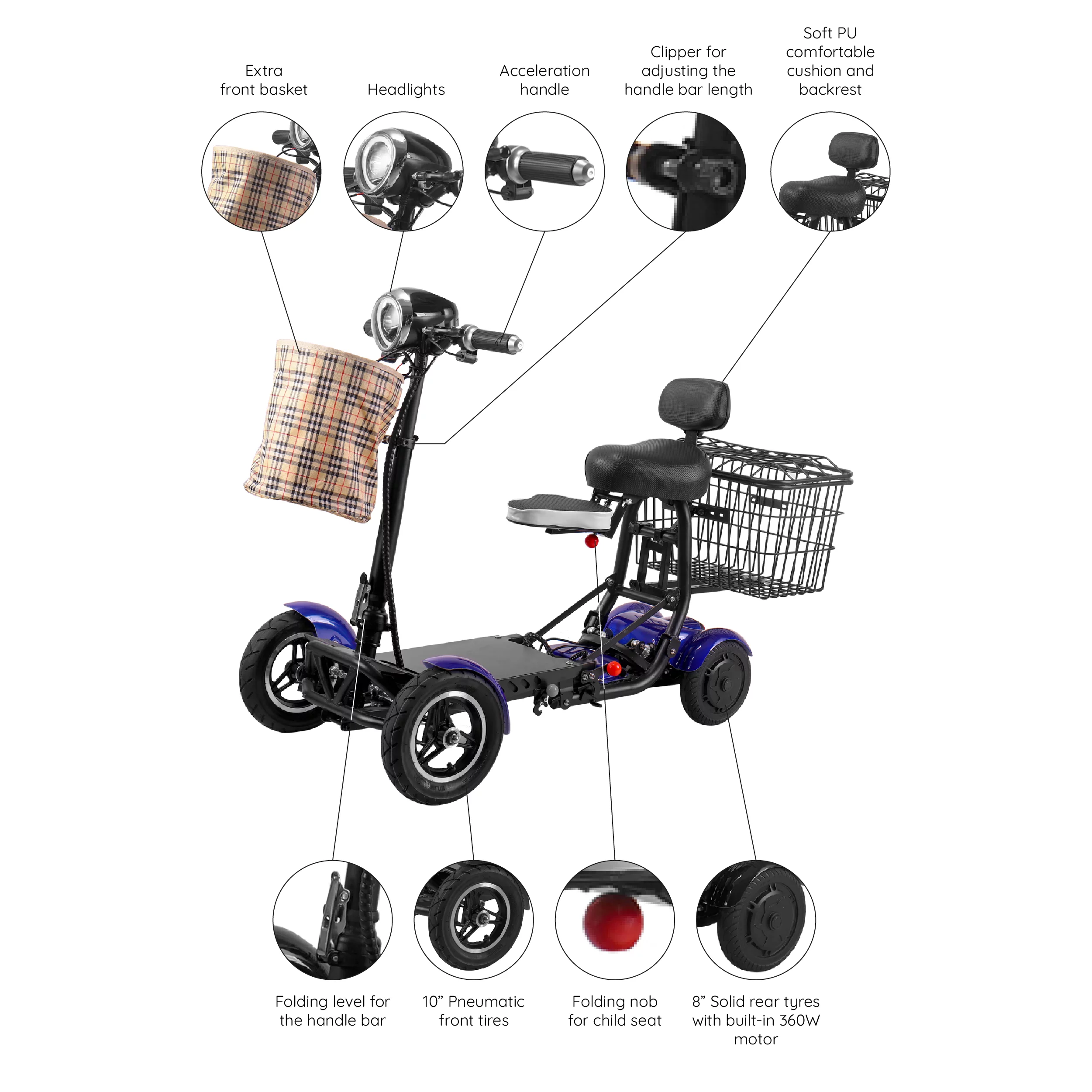 Bangeran Electric Mobility Scooter, 4 Wheel Foldable Portable, Up to 12 Miles - Blue