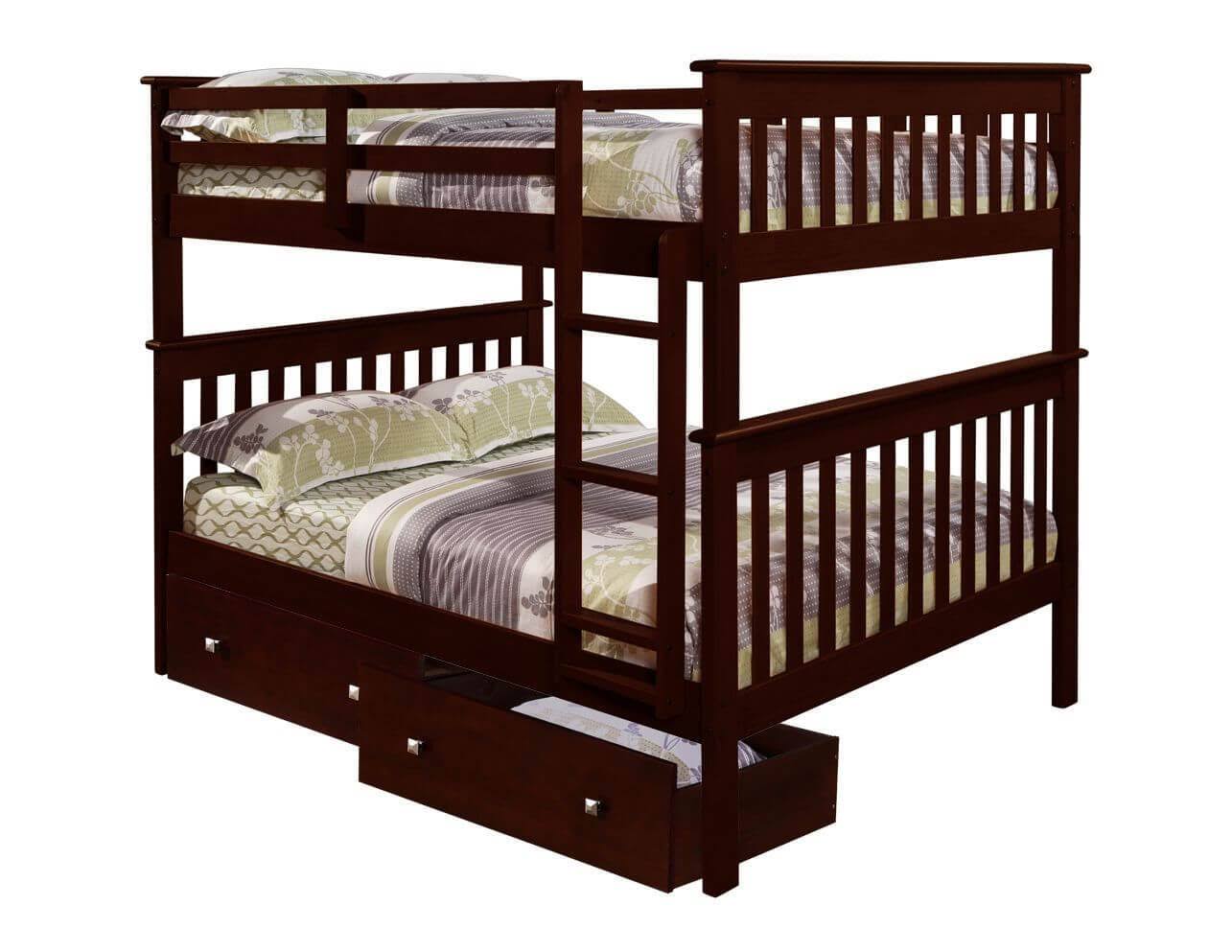Full/Full Mission Bunk Bed with Dual Underbed Drawers Dark Cappuccino - Donco Kids