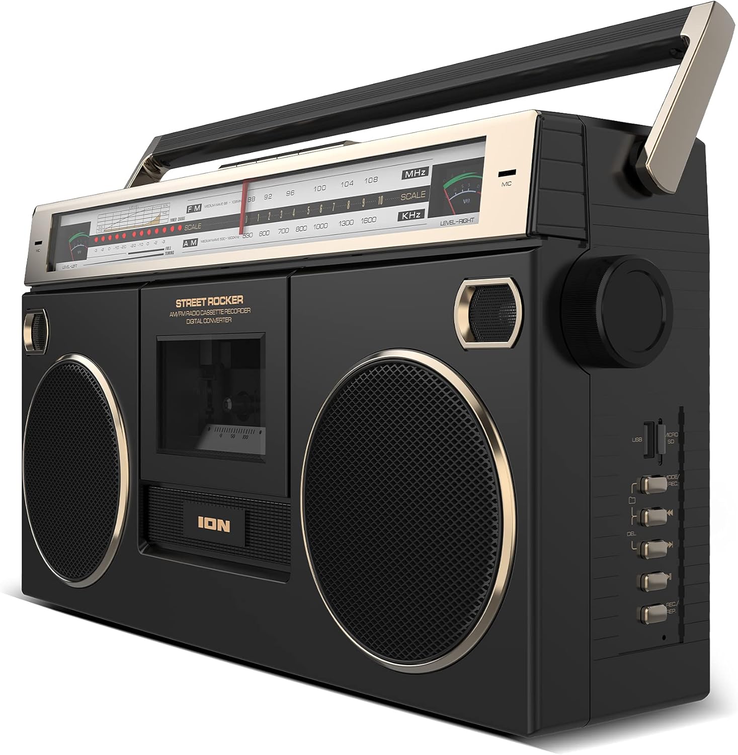 Ion Audio 1980S-Style Portable Bluetooth Boombox AM/FM Radio Cassette Player Recorder, VU Meters, USB Recording, Dual Full-Range High Bass Speakers (Gold Edition)