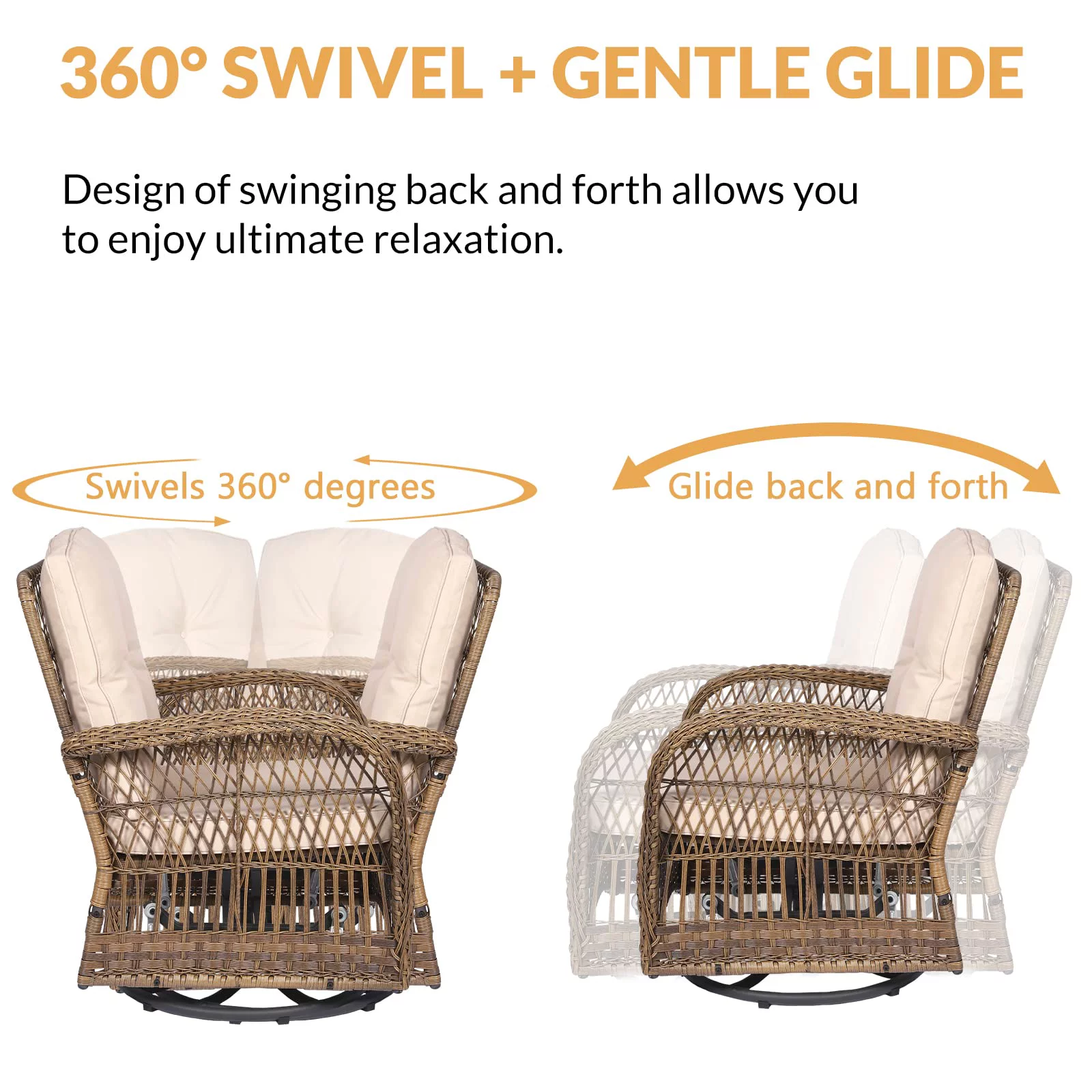W WARMHOL 5 Pieces Outdoor Furniture All Weather Wicker Patio Conversation Cushioned Sofa Set with Glider Loveseat/2 Swivel Rocking Chairs/2 Matching Glass Coffee Table for Garden, Poolside, Backyard