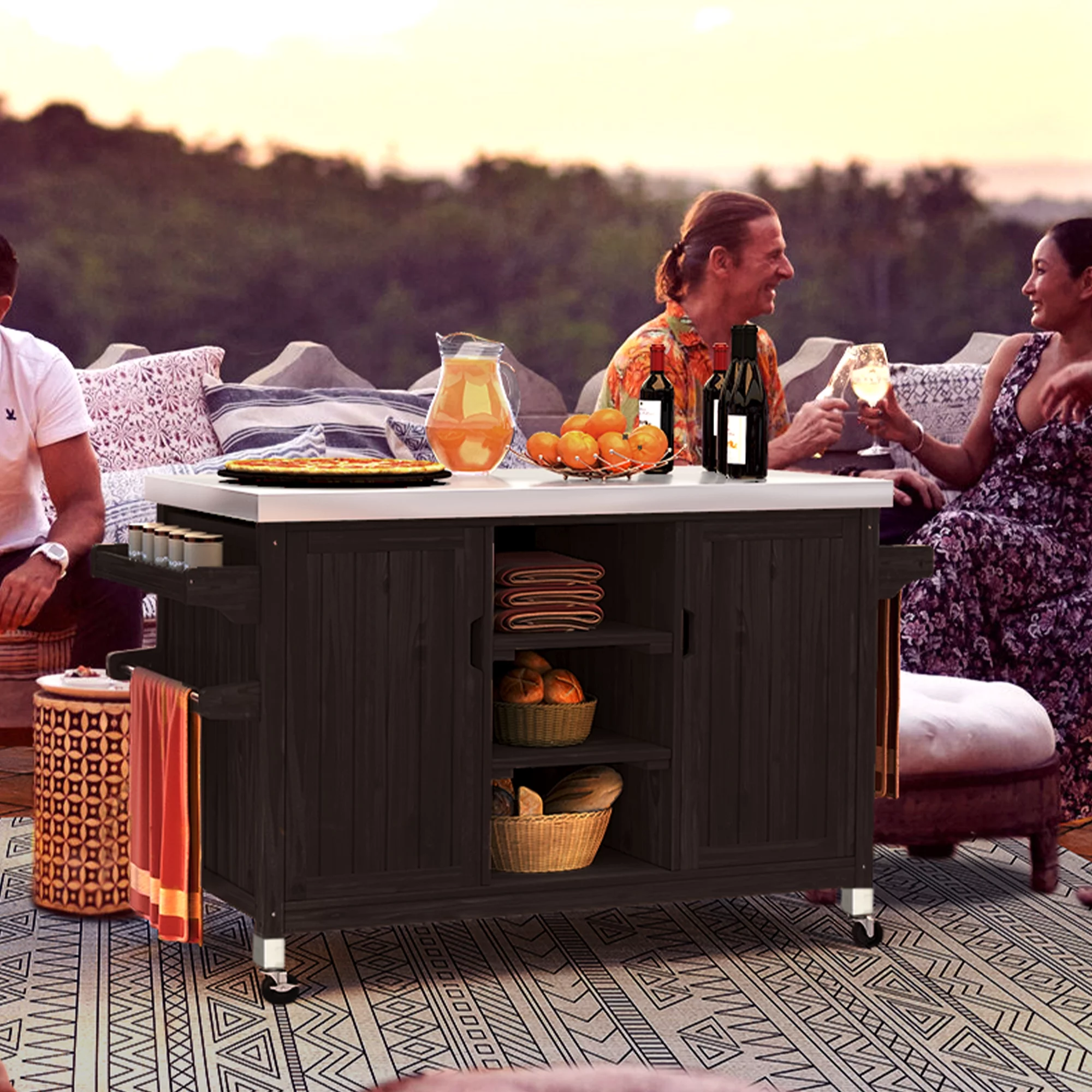 Dextrus XL Solid Wood Outdoor Storage Cabinet - Versatile Movable Outdoor Grill Cart with Stainless Steel Top, Spice Rack, and Side Handle, BBQ Patio Table, Outdoor Small Kitchen Table