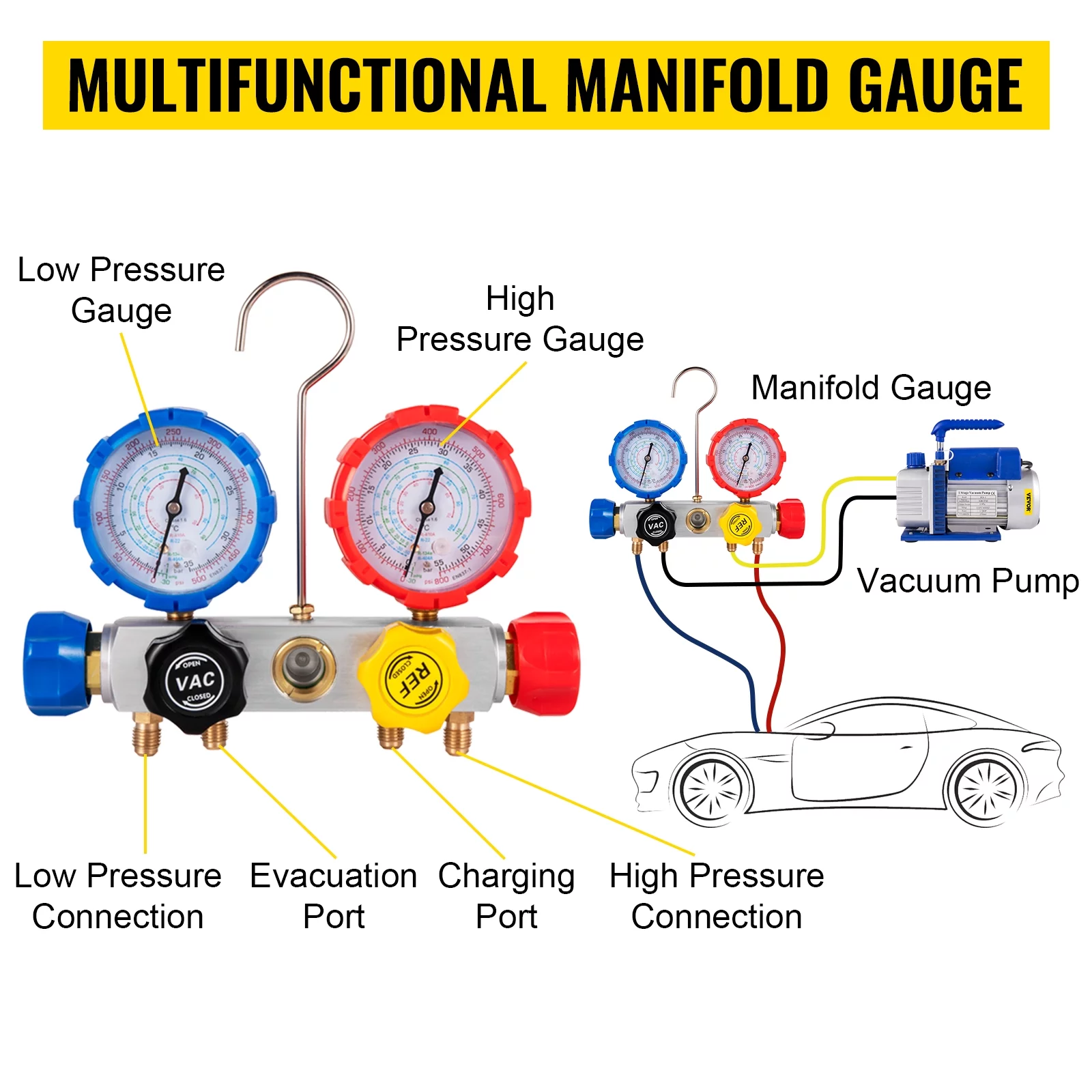 VEVOR Vacuum Pump 4.8CFM 1/4 HP Single Stage HVAC A/C Refrigeration Kit 5PA Ultimate Vacuum Manifold Gauge Set R410A R134A R22 HVAC AC, 4-Way Manifold Gauge and Hose for Air Conditioning Systems
