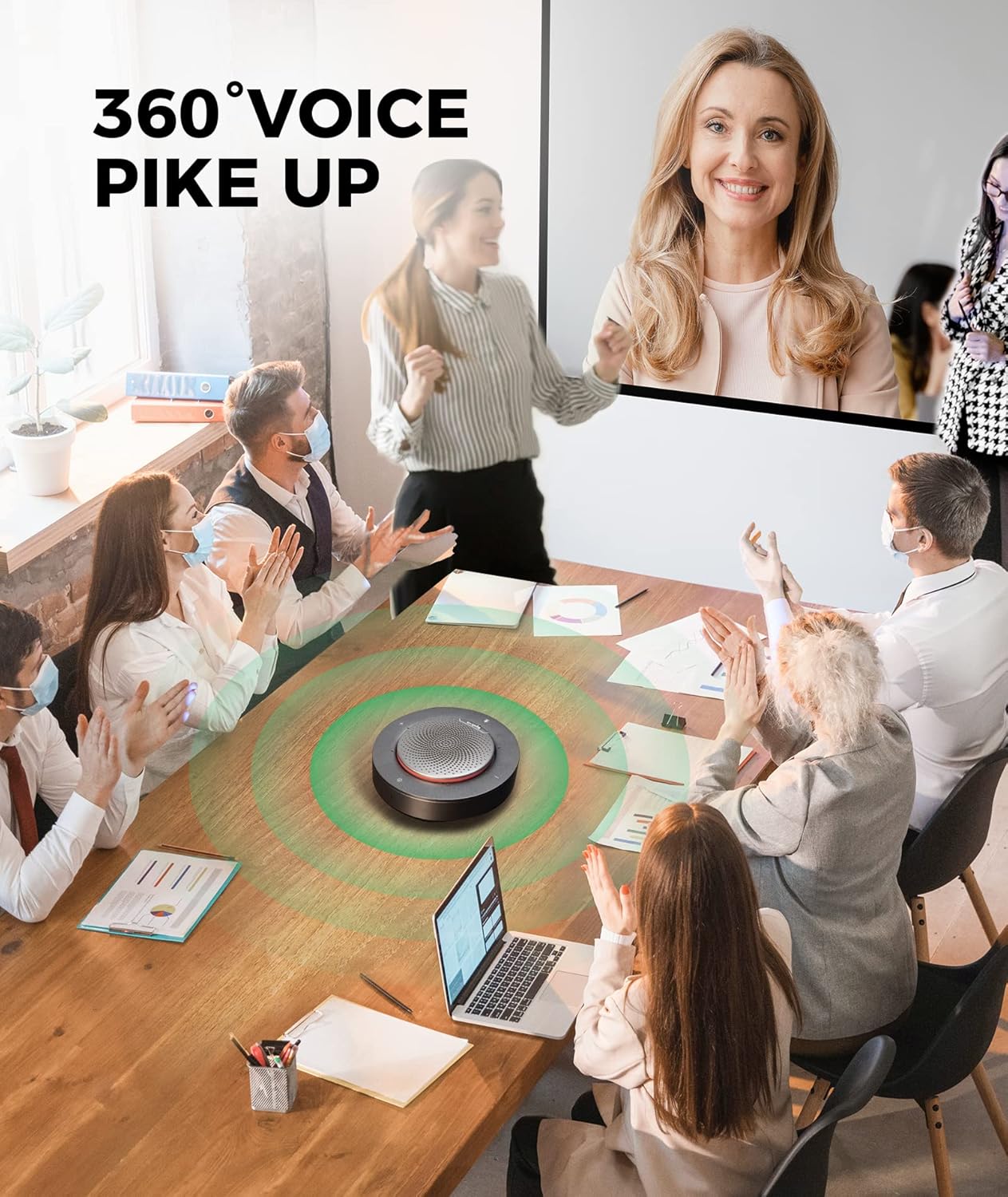 WyreStorm Halo 90 Conference Speaker, 4 Noise-canceling Mics, Enhanced 360° Voice Pickup, 4K@60Hz Video Resolution, AGC Voice Balance, Full-Duplex, with USB-C Docking Function Supply Power to PC