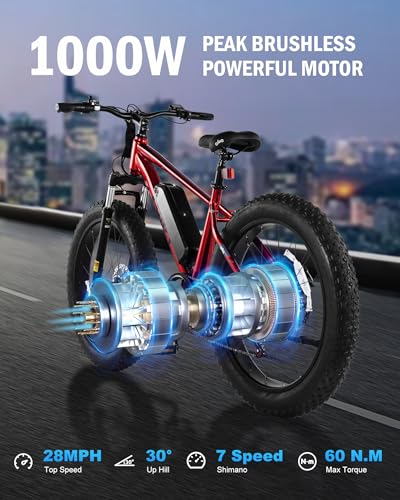 Racer Plus Adult Electric Bicycle, Peak 1000W Motor Electric Bike for Adults, Up to 28MPH 65Miles, 26x4.0 Fat Tire Electric Mountain Bike with 48V 13AH Battery, 7 Speed Front Suspension E Bike