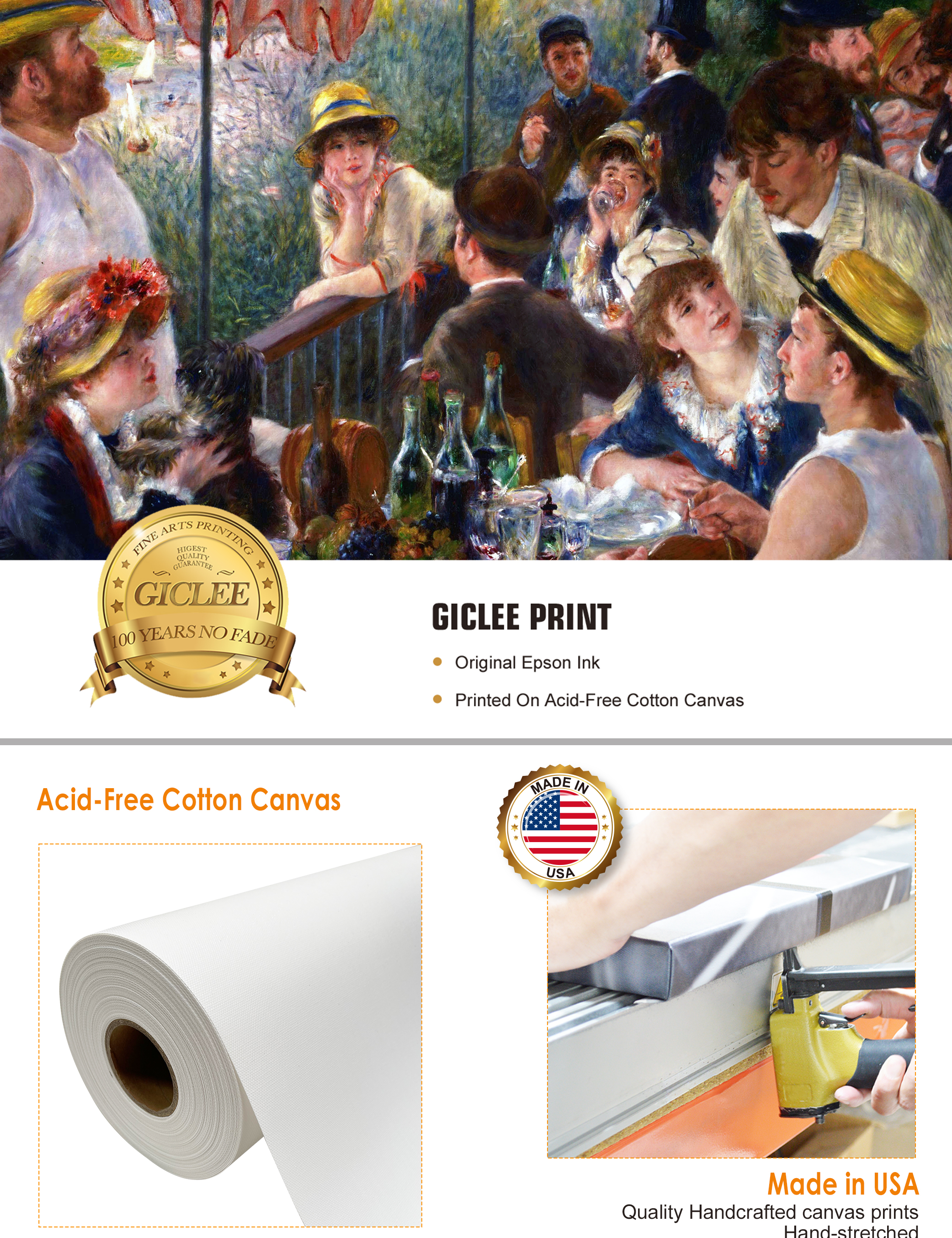 DECORARTS - Luncheon of the Boating Party by Pierre-Auguste Renoir. Oil Painting Reproduction, Giclee Print on Canvas. Ready to Hang Wall Art for Home, Bedroom, Office Decor. 18x12"