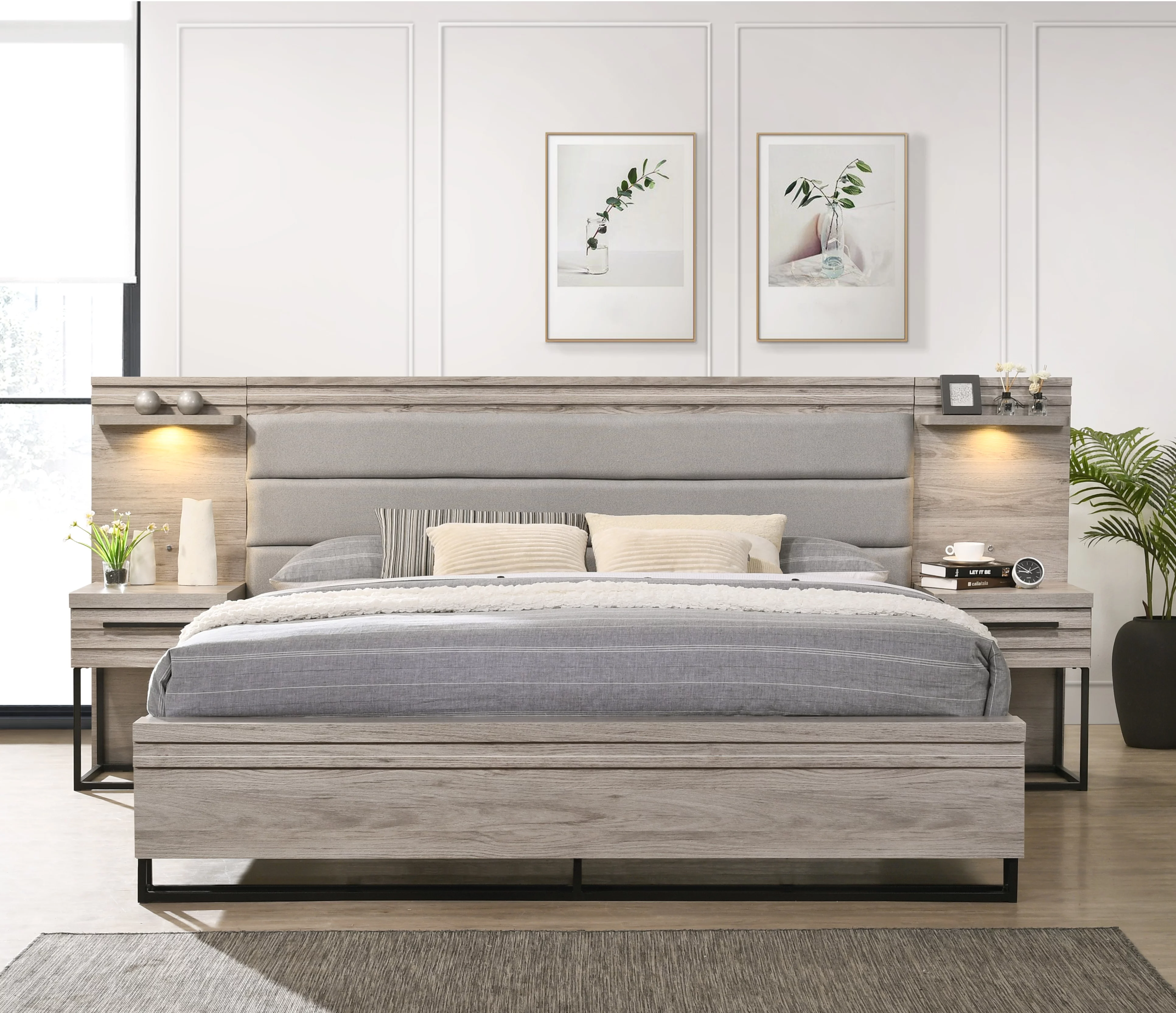 Roundhill Furniture Alvear Upholstered Wood Wallbed Bed with White LED Lights, 2 Nightstands, Weathered Gray, King
