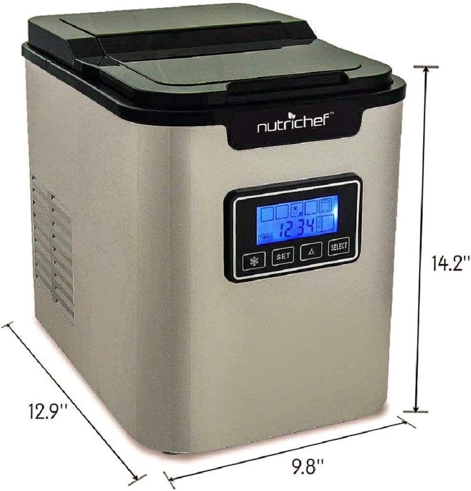 NutriChef Upgraded Digital Ice Maker Machine-Portable Stainless Steel,Stain Resistant Countertop w/Built-In Freezer,Over-Sized Ice Bucket Ice Machine w/Easy-Touch Buttons,Silver-PICEM62