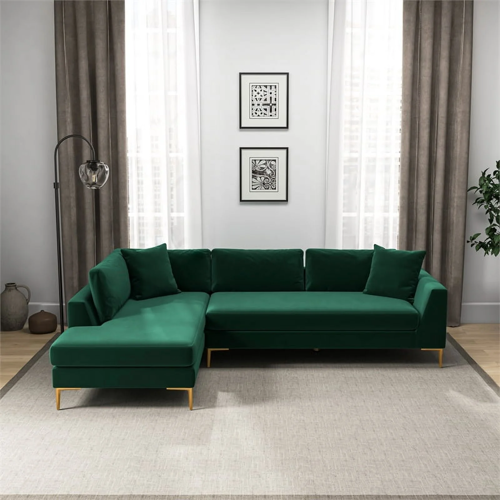 Pemberly Row Mid-Century Velvet L-Shaped Left-Facing Sectional in Green