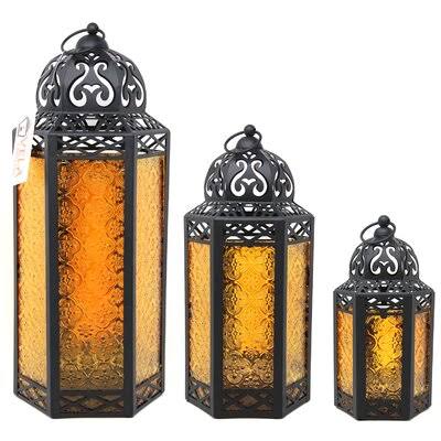 3-Piece Moroccan Tall Iron Lantern Set Bungalow Rose Color: Amber