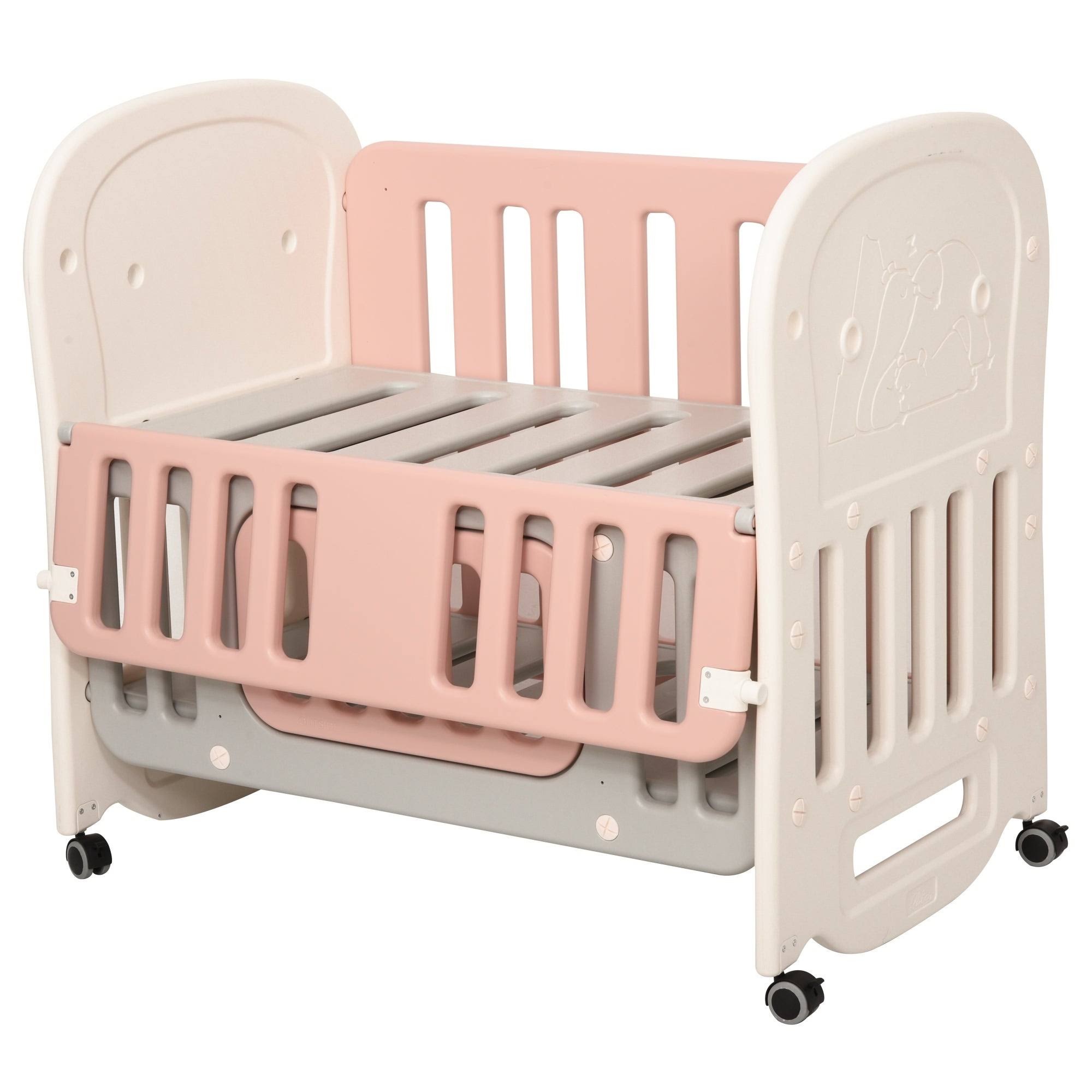 Qaba Convertible Baby Crib 3-in-1 Design Toddler Cot Cradle with Storage Function u0026 4 Detachable Lockable Wheels - Pink - Avayadevconnect