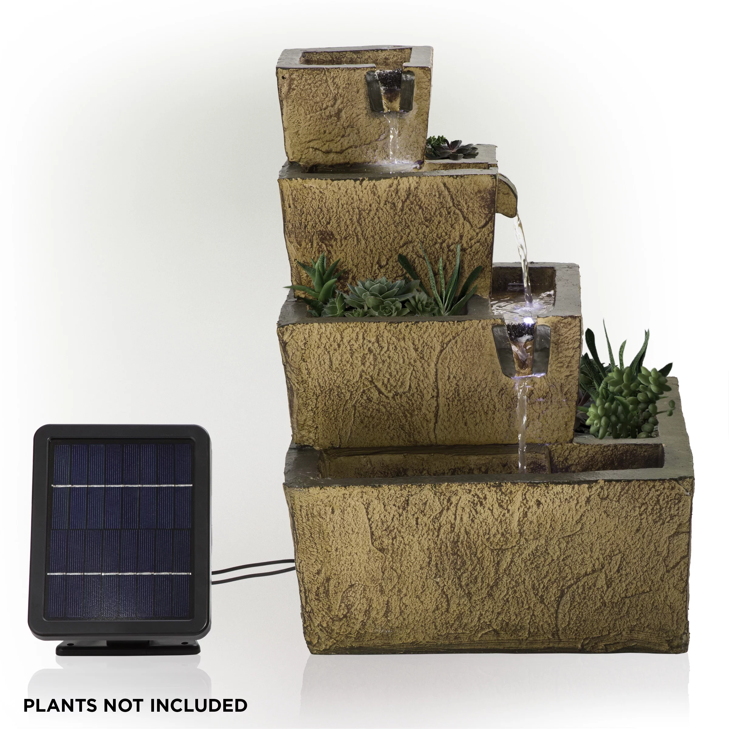 Alpine Corporation 17" Tall Solar Rustic Tiered Fountain Yard Decoration with LED Lights
