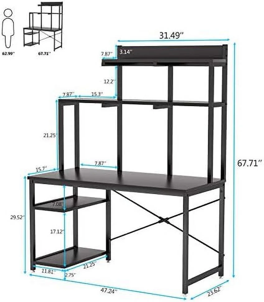 Computer Desk with Shelves and Hutch  47 Inch  Office Desk with  Bookshelf CPU Stand  PC Laptop Workstation Writing Study Table for Small Space  Space-Saving Desk (Black)
