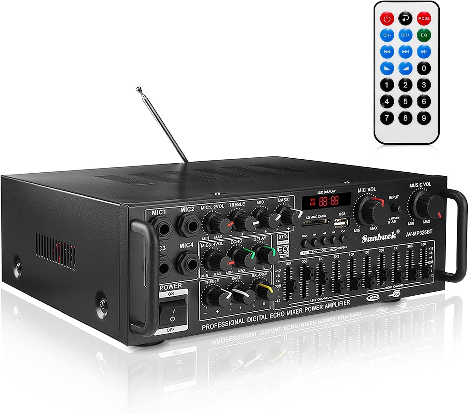 Buumin Bluetooth Stereo Power Amplifier Dual Channel Sound Audio Stereo Receiver Home Theater Speaker with FM Radio, MP3/USB/SD, 2 Mic in Echo, RCA, LED for Home Computer
