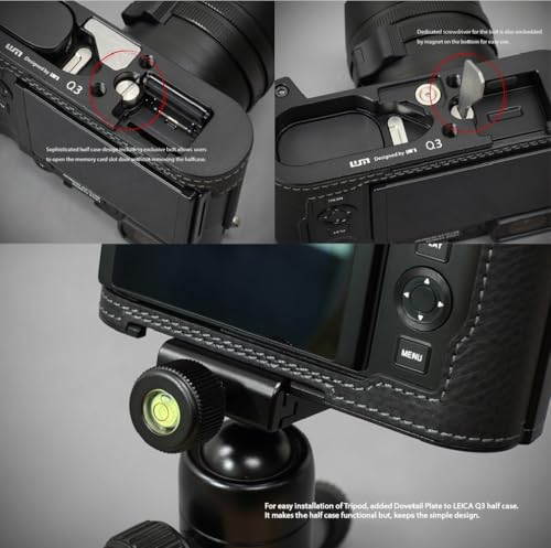 LIM'S Genuine Italy Leather Camera Half Case Metal Grip Dovetail Plate Handmade for Leica Q3 Q3 43 [All Black]