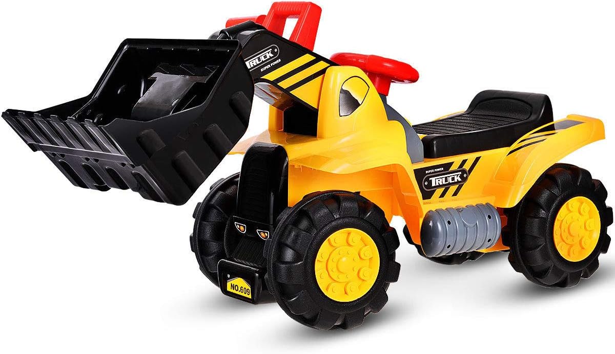 Costzon Kids Ride On Construction Bulldozer, Outdoor Digger Scooper Pulling Cart W/Front Loader Digger Horn Underneath Storage, Children Pretend Play Truck Toy (Yellow)