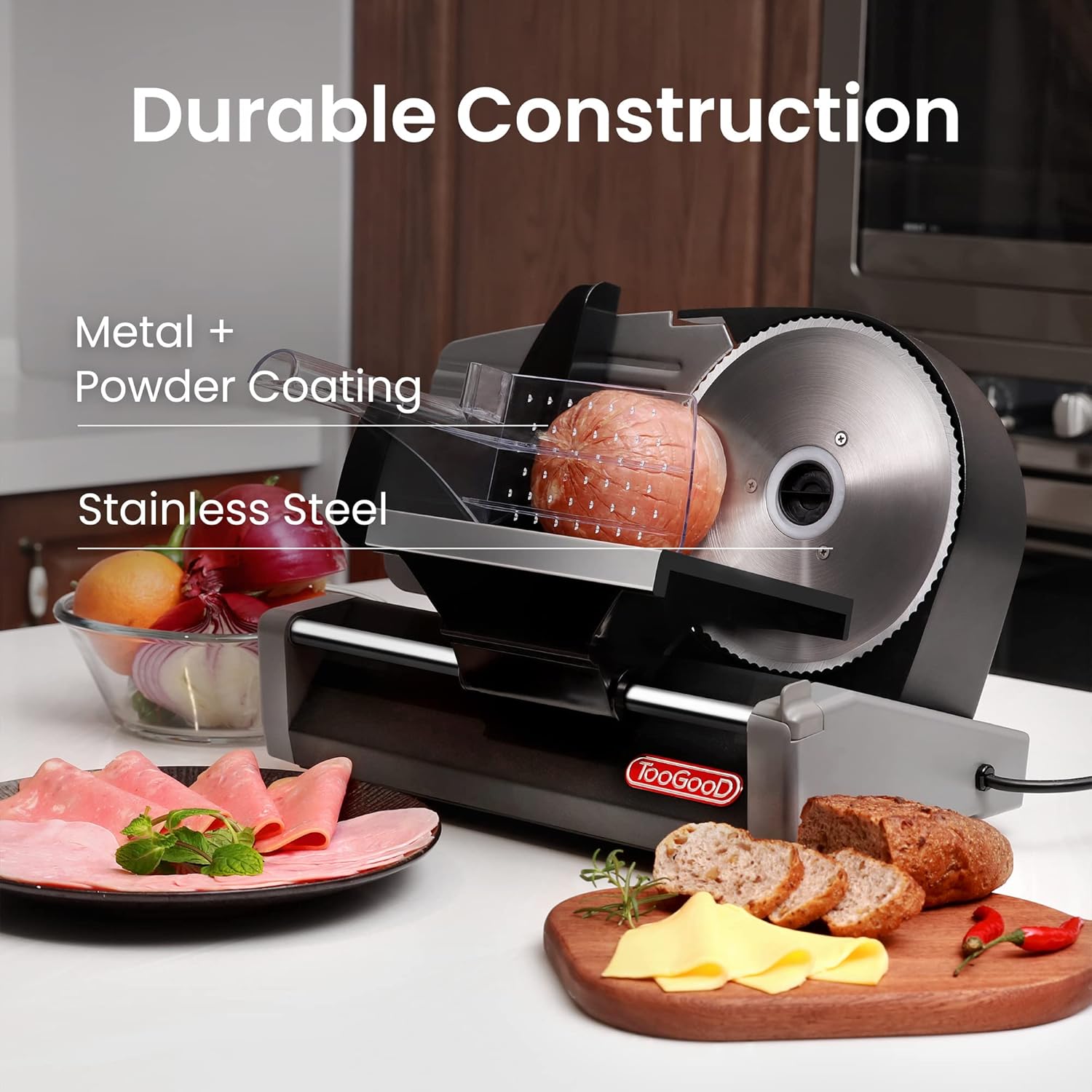 TooGood Household Meat Slicer, 1/4 HP, 180W Electric Food Slicer with 7.5 Stainless Steel Blade and Removable Food Carriage, Quick Release, 0mm-15mm Adjustable Slicing Thickness